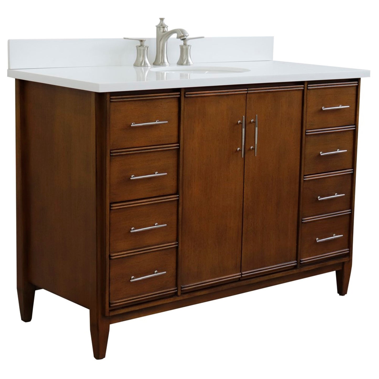 49" Single sink vanity in Walnut finish with White engineered stone and oval sink