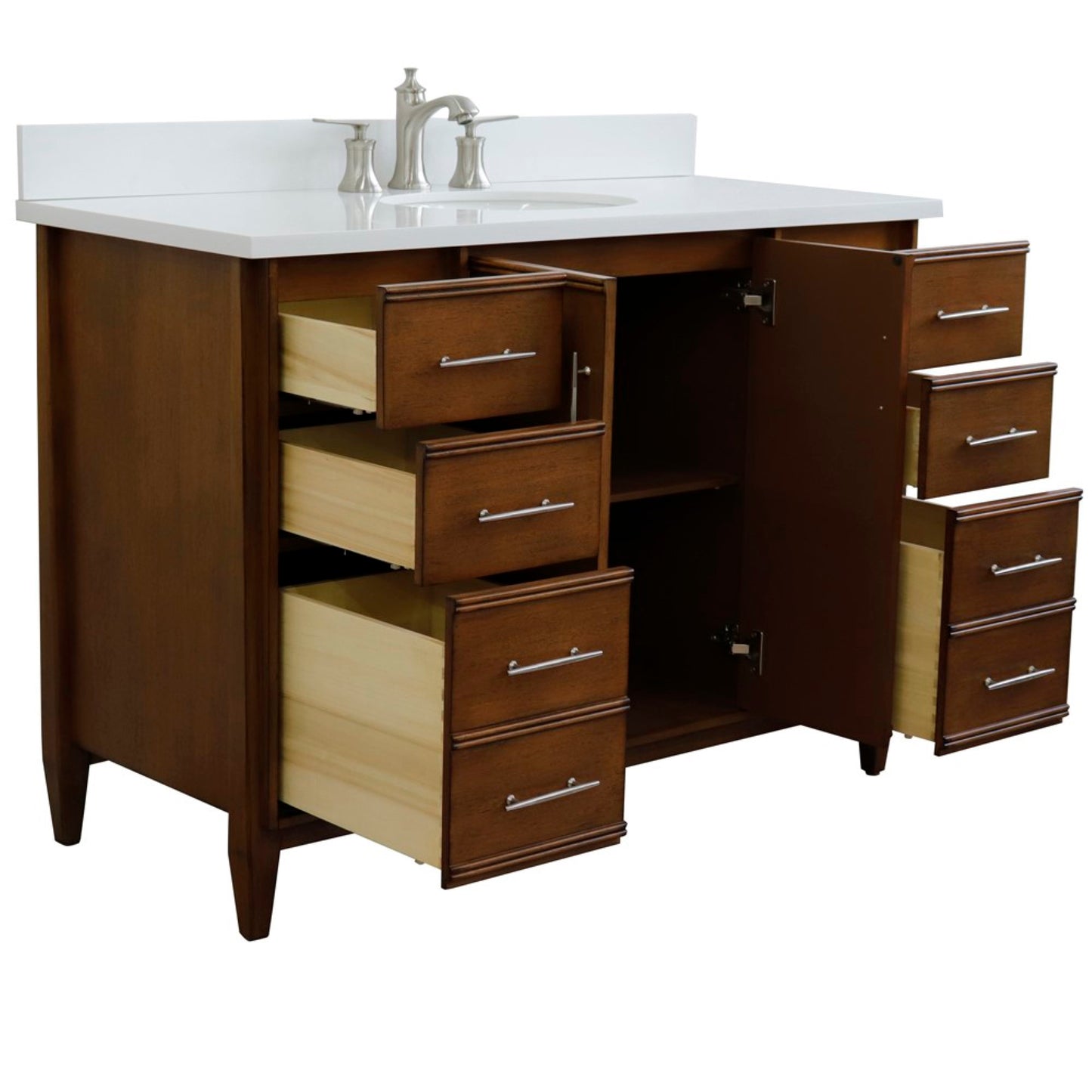 49" Single sink vanity in Walnut finish with White engineered stone and oval sink