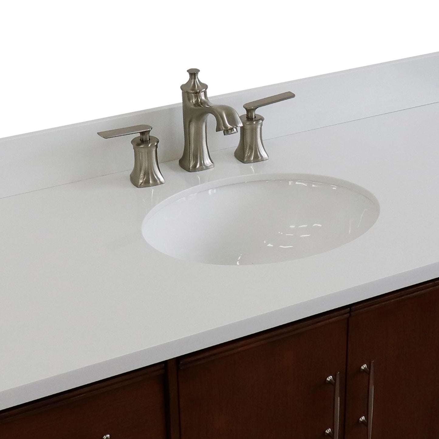 49" Single sink vanity in Walnut finish with White engineered stone and oval sink