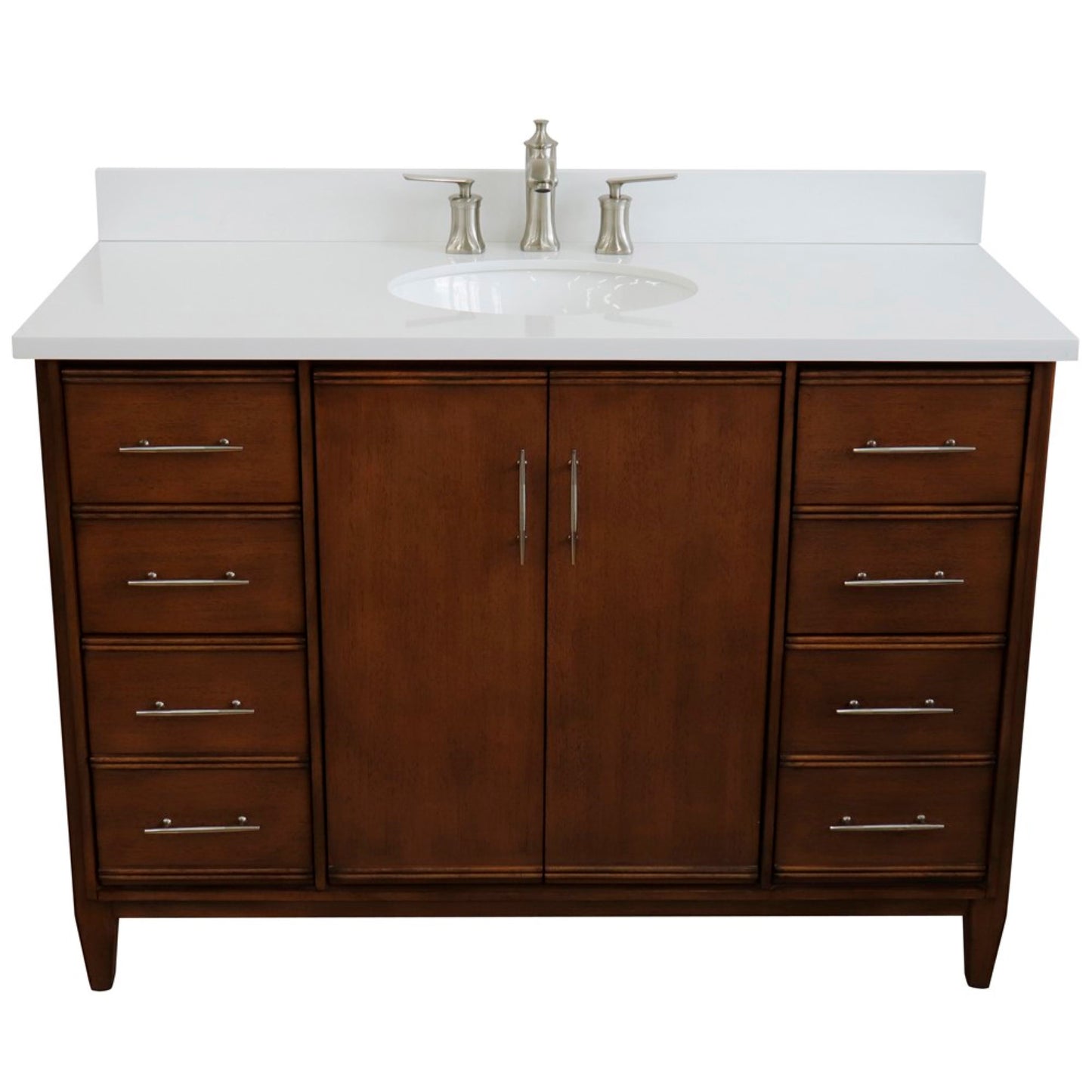 49" Single sink vanity in Walnut finish with White engineered stone and oval sink