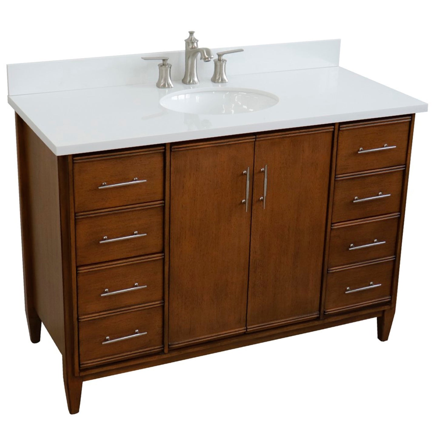 49" Single sink vanity in Walnut finish with White engineered stone and oval sink