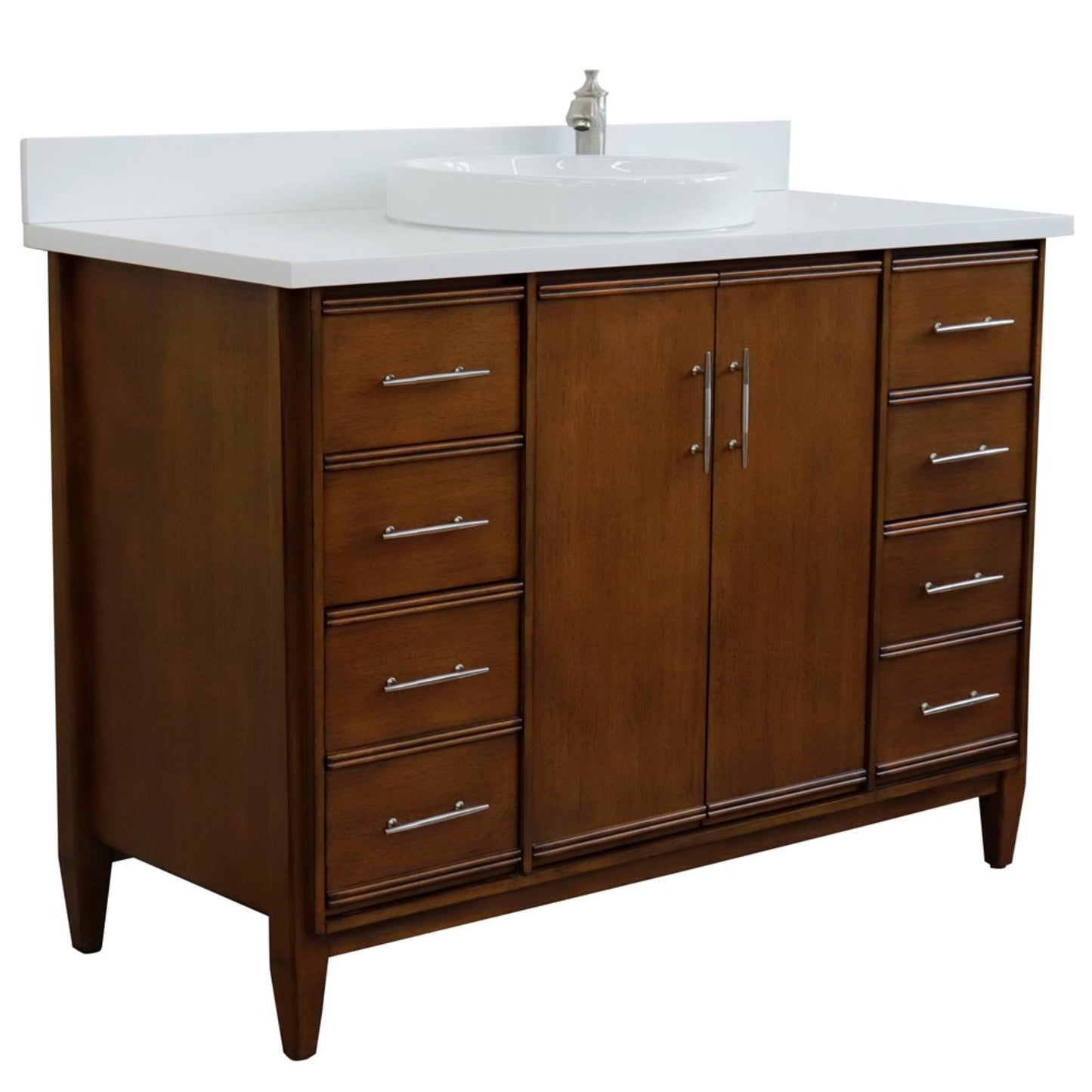 49" Single sink vanity in Walnut finish with White engineered stone and round sink