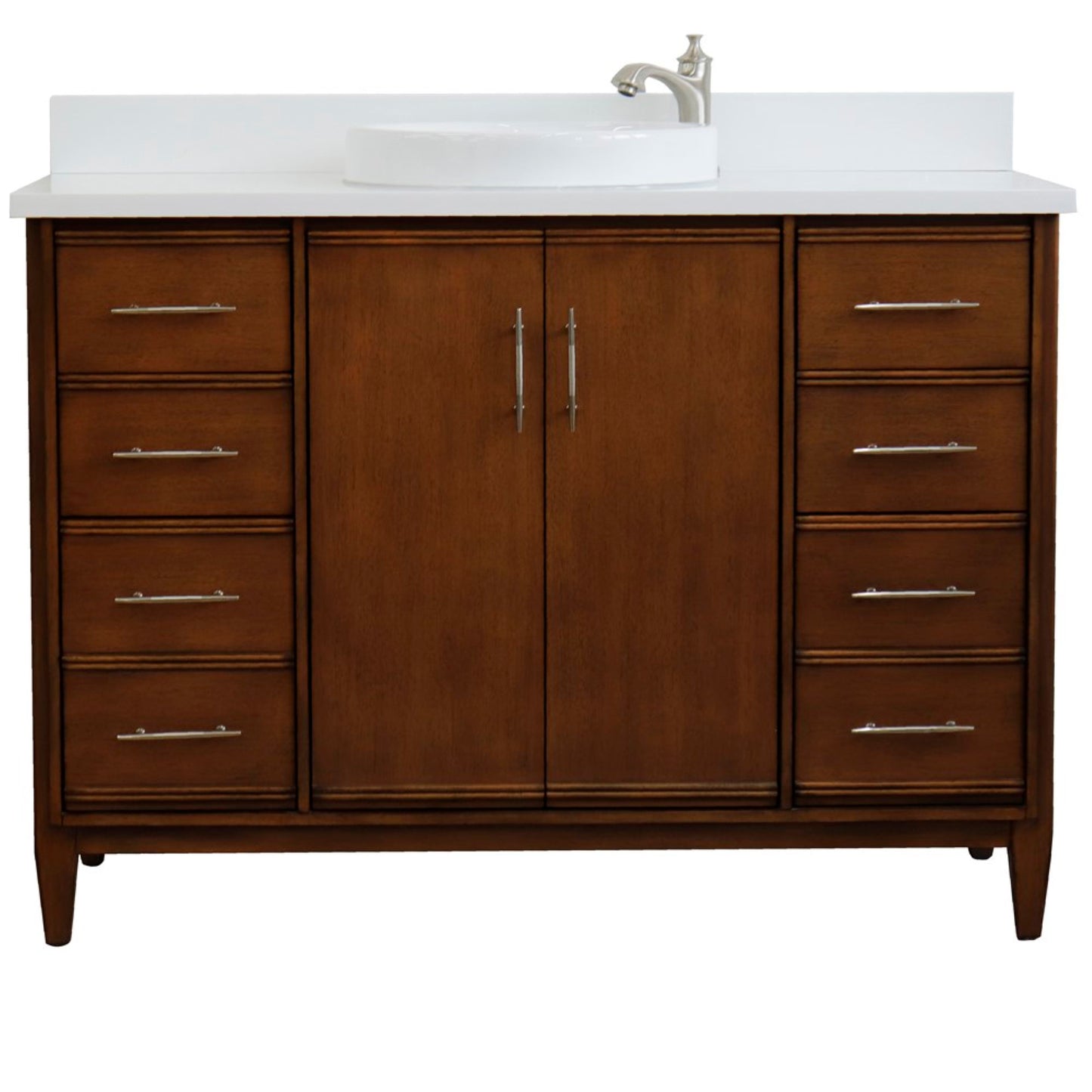 49" Single sink vanity in Walnut finish with White engineered stone and round sink