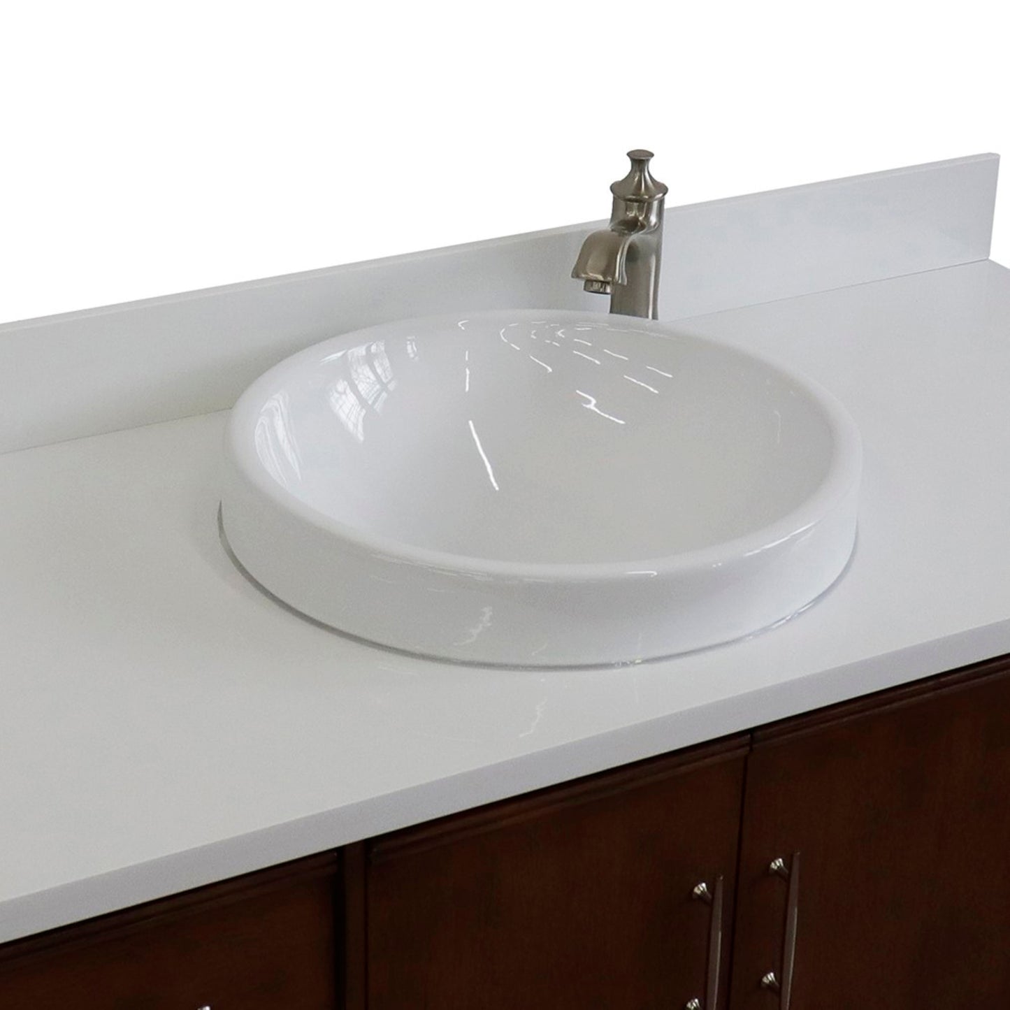 49" Single sink vanity in Walnut finish with White engineered stone and round sink
