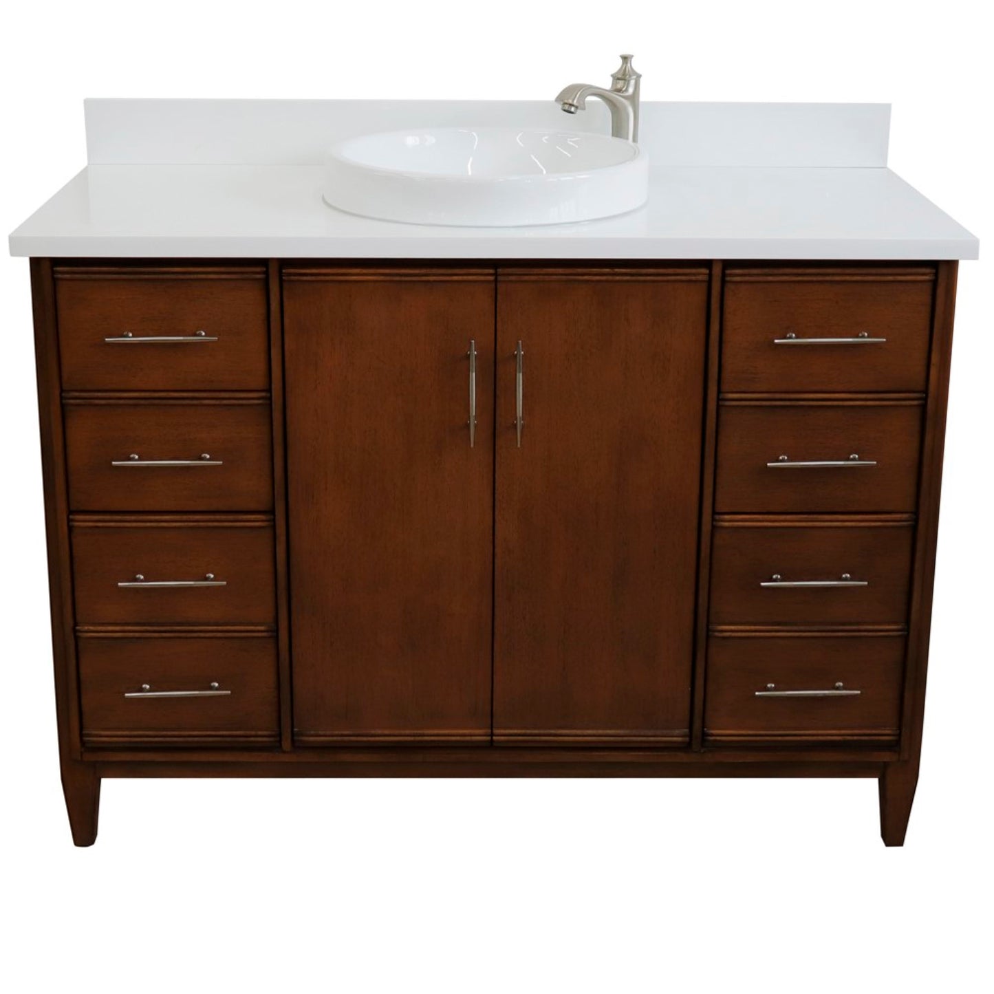49" Single sink vanity in Walnut finish with White engineered stone and round sink