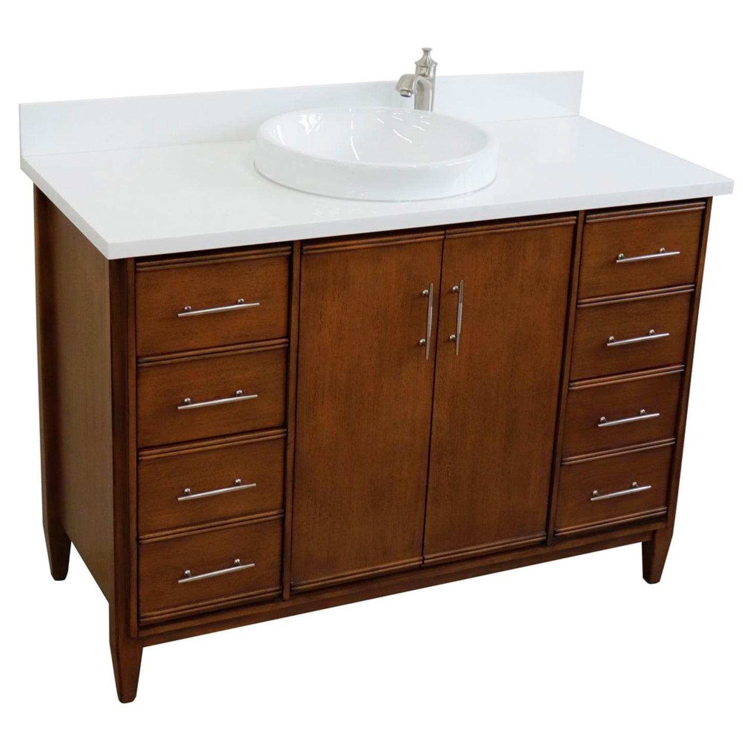 49" Single sink vanity in Walnut finish with White engineered stone and round sink