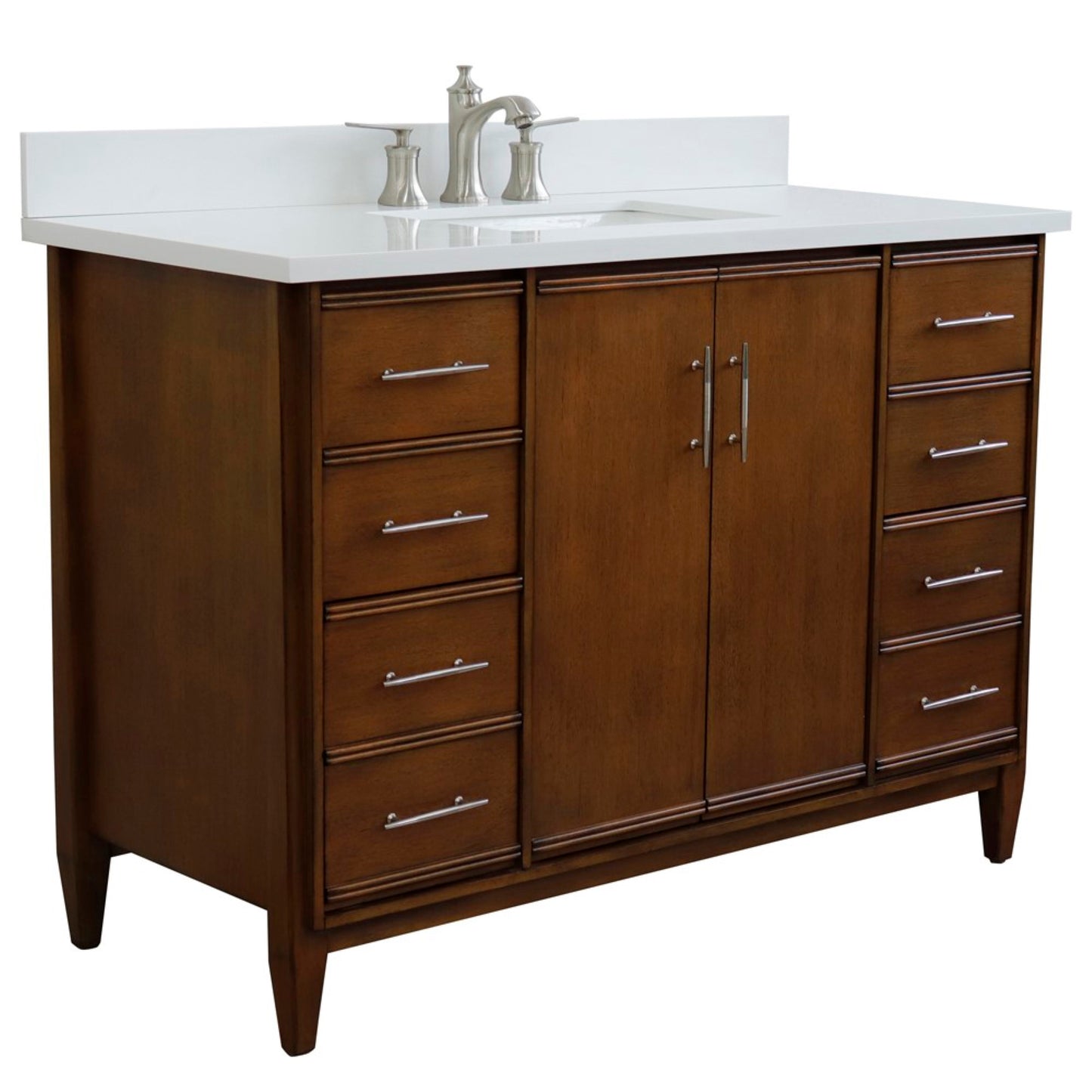 49" Single sink vanity in Walnut finish with White engineered stone and rectangle sink