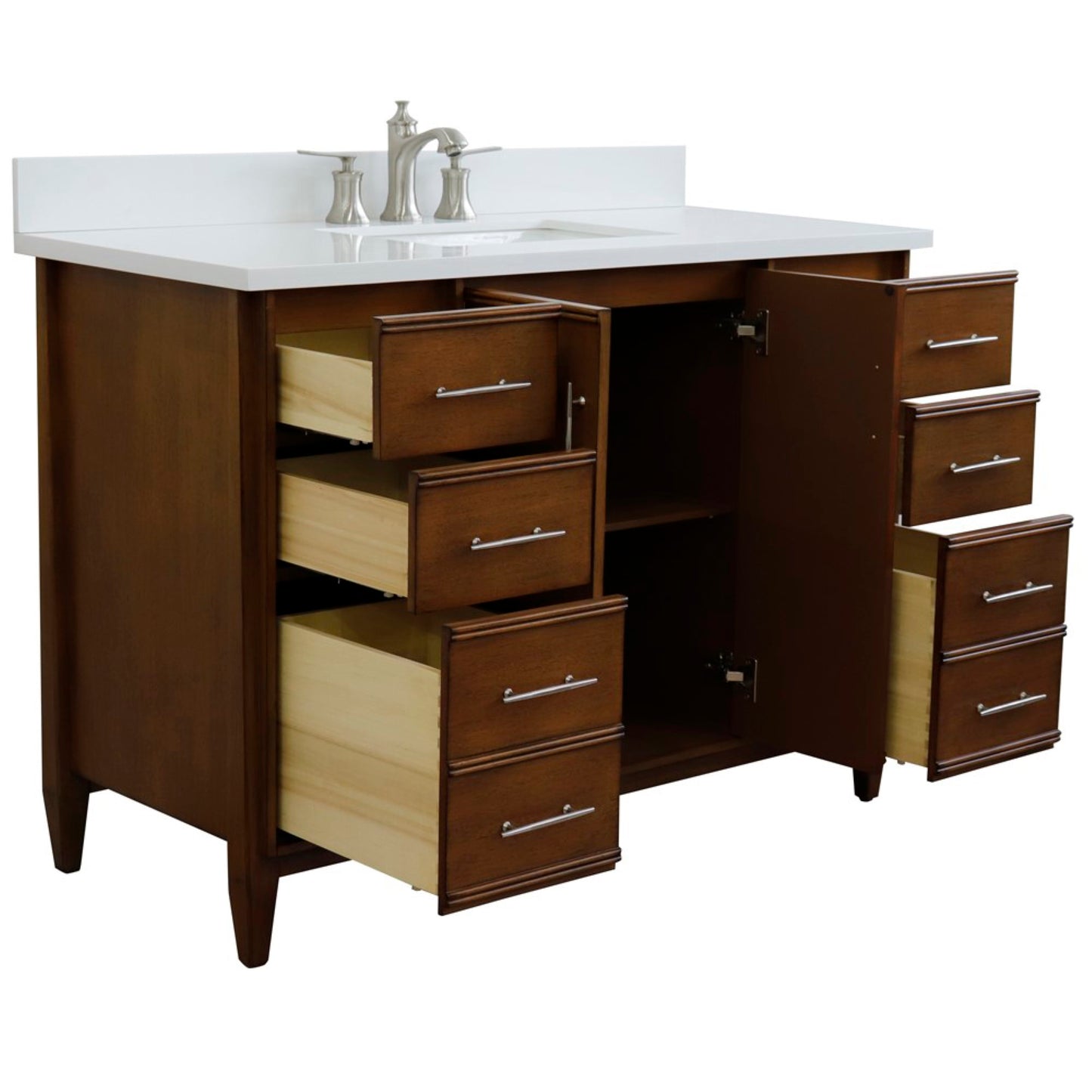 49" Single sink vanity in Walnut finish with White engineered stone and rectangle sink