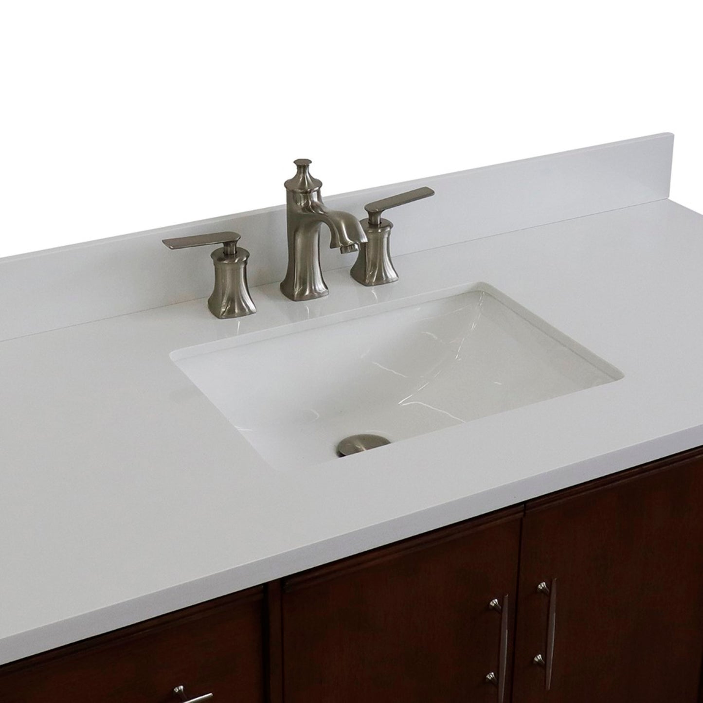 49" Single sink vanity in Walnut finish with White engineered stone and rectangle sink