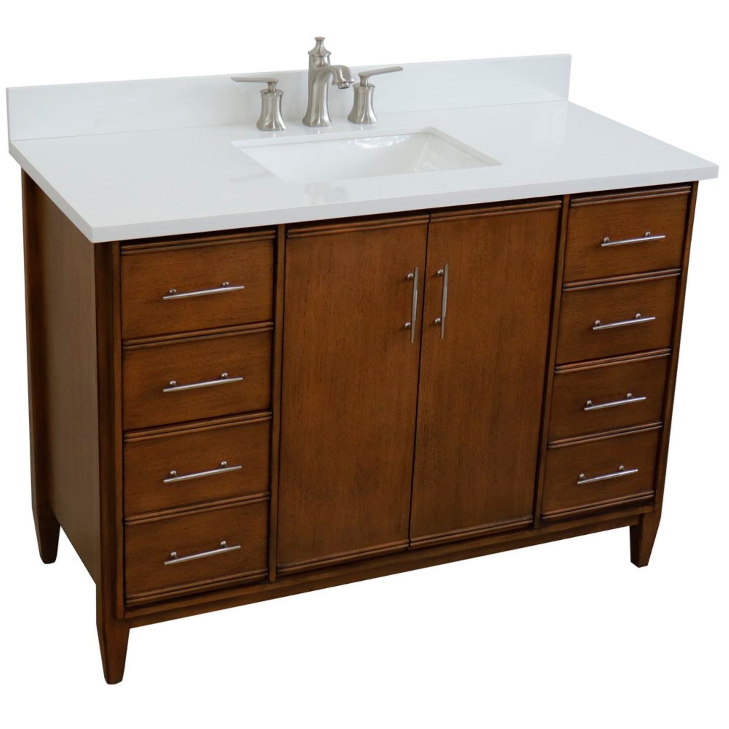 49" Single sink vanity in Walnut finish with White engineered stone and rectangle sink