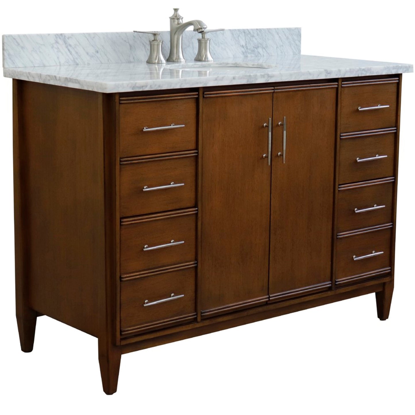 49" Single sink vanity in Walnut finish with White Carrara marble and oval sink