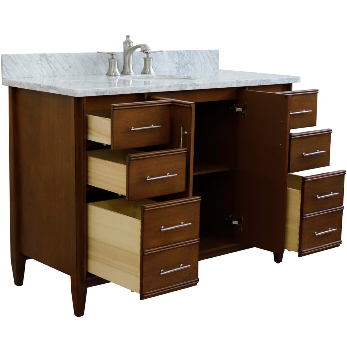 49" Single sink vanity in Walnut finish with White Carrara marble and oval sink