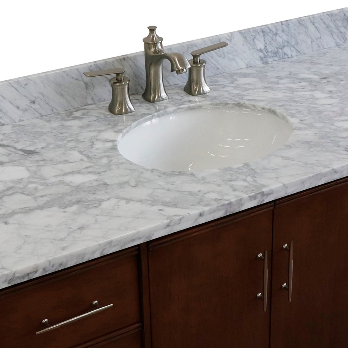 49" Single sink vanity in Walnut finish with White Carrara marble and oval sink