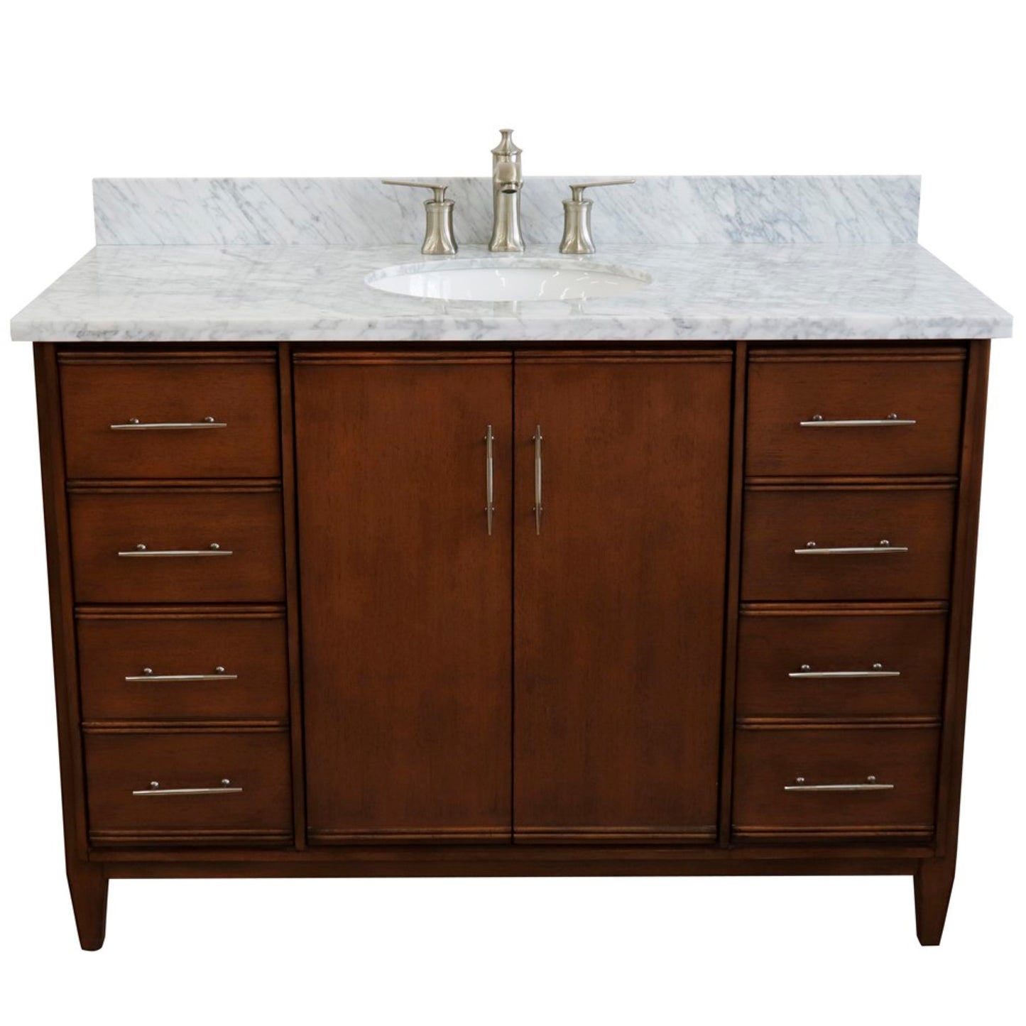 49" Single sink vanity in Walnut finish with White Carrara marble and oval sink