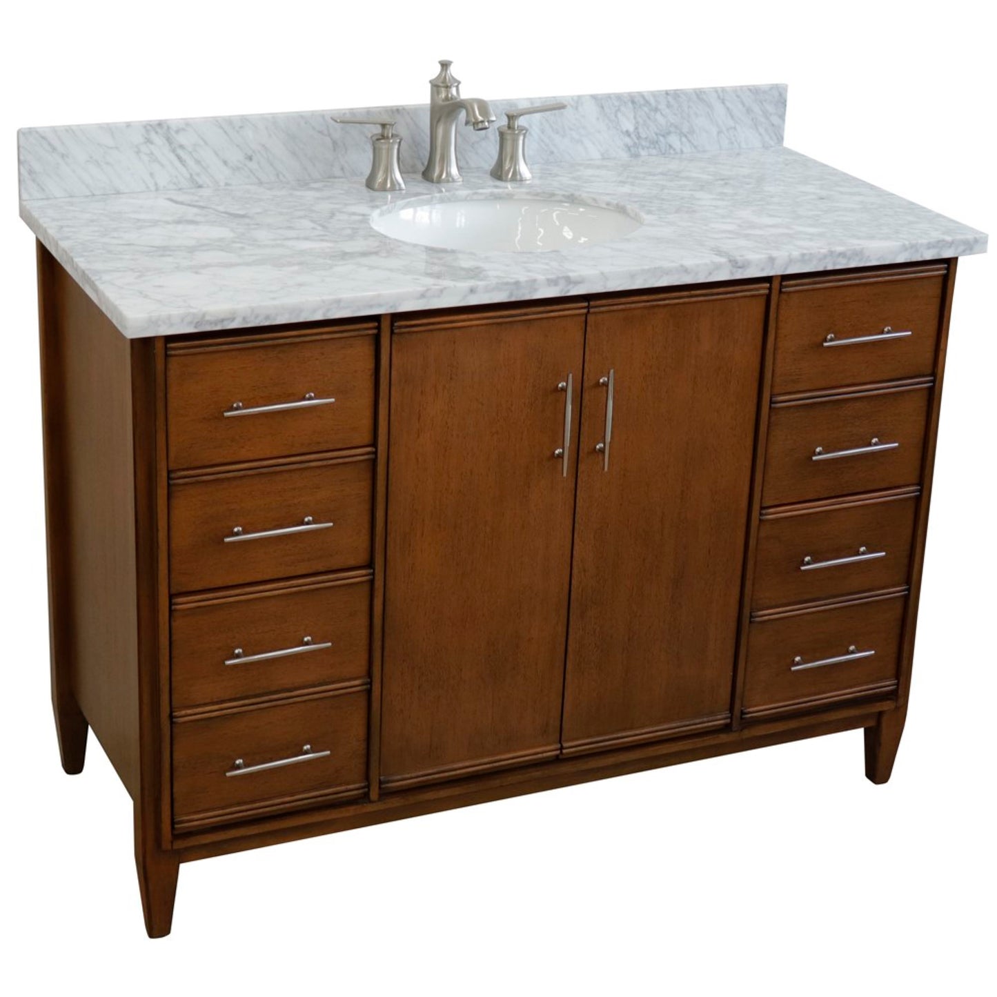 49" Single sink vanity in Walnut finish with White Carrara marble and oval sink