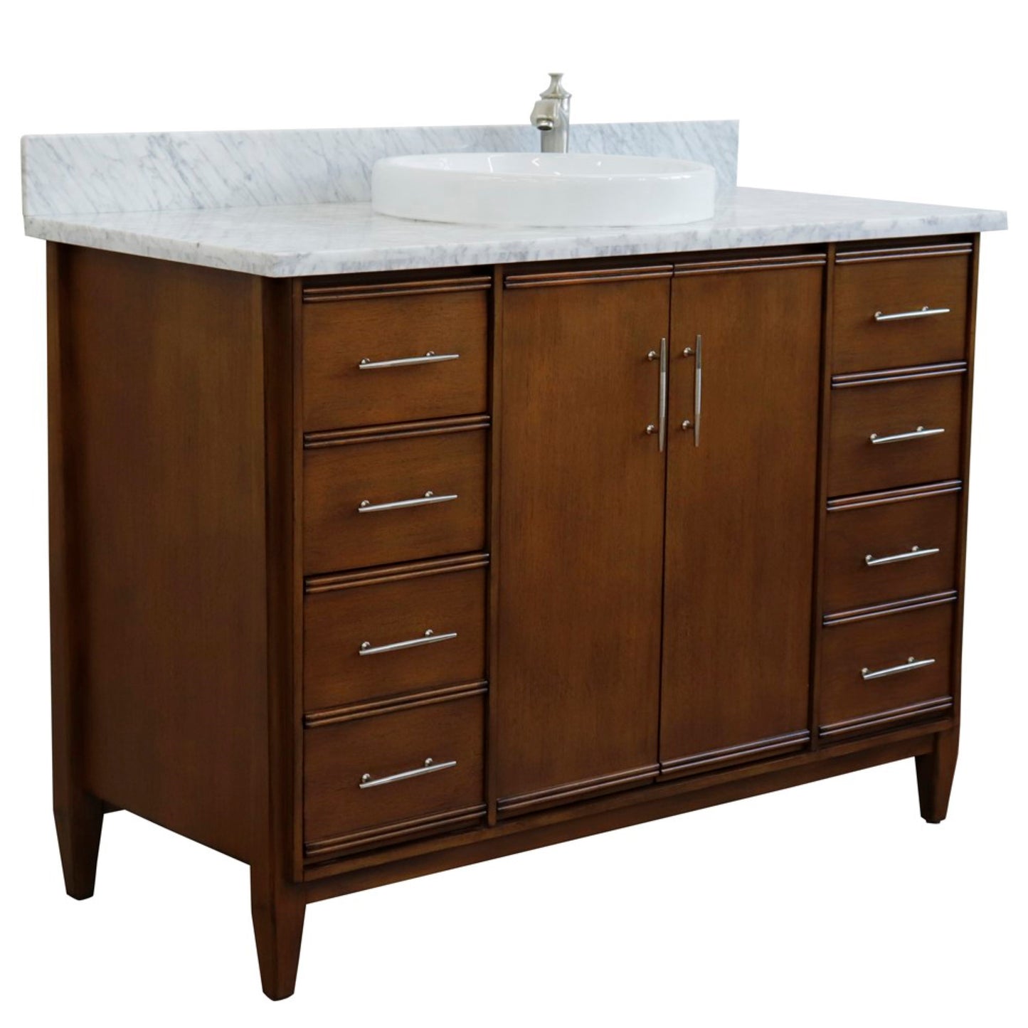 49" Single sink vanity in Walnut finish with White Carrara marble and round sink