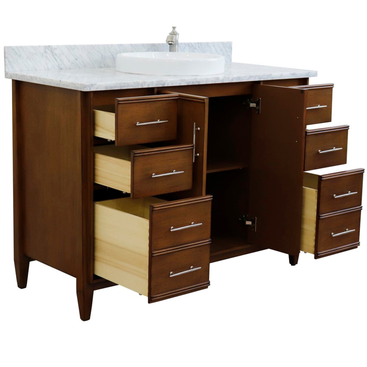 49" Single sink vanity in Walnut finish with White Carrara marble and round sink