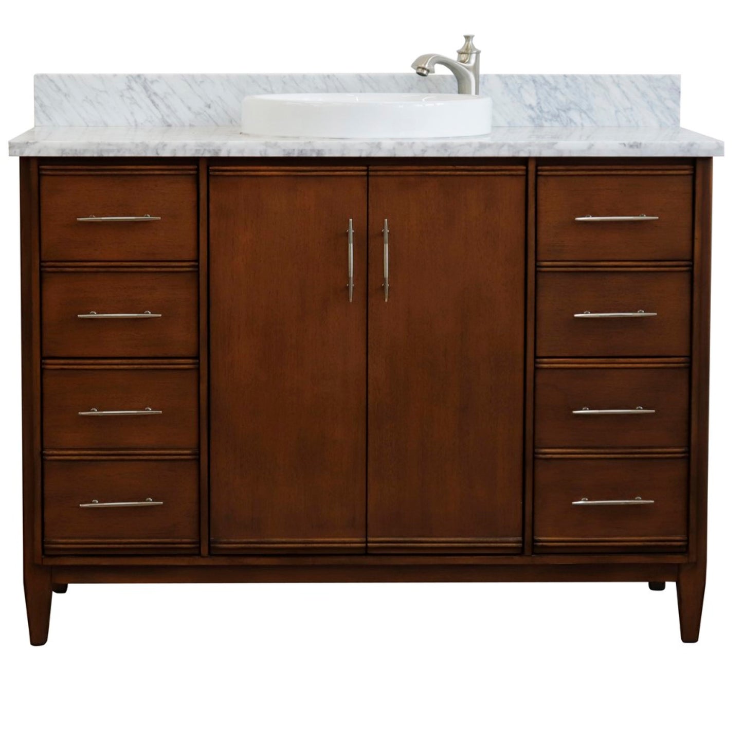 49" Single sink vanity in Walnut finish with White Carrara marble and round sink
