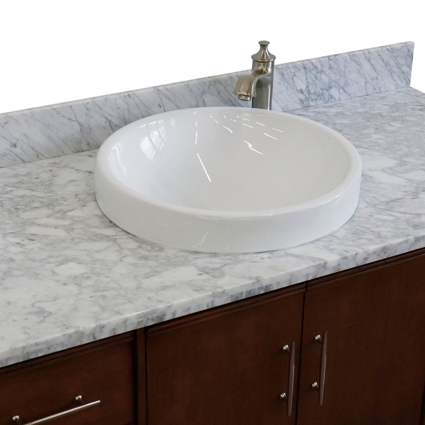 49" Single sink vanity in Walnut finish with White Carrara marble and round sink