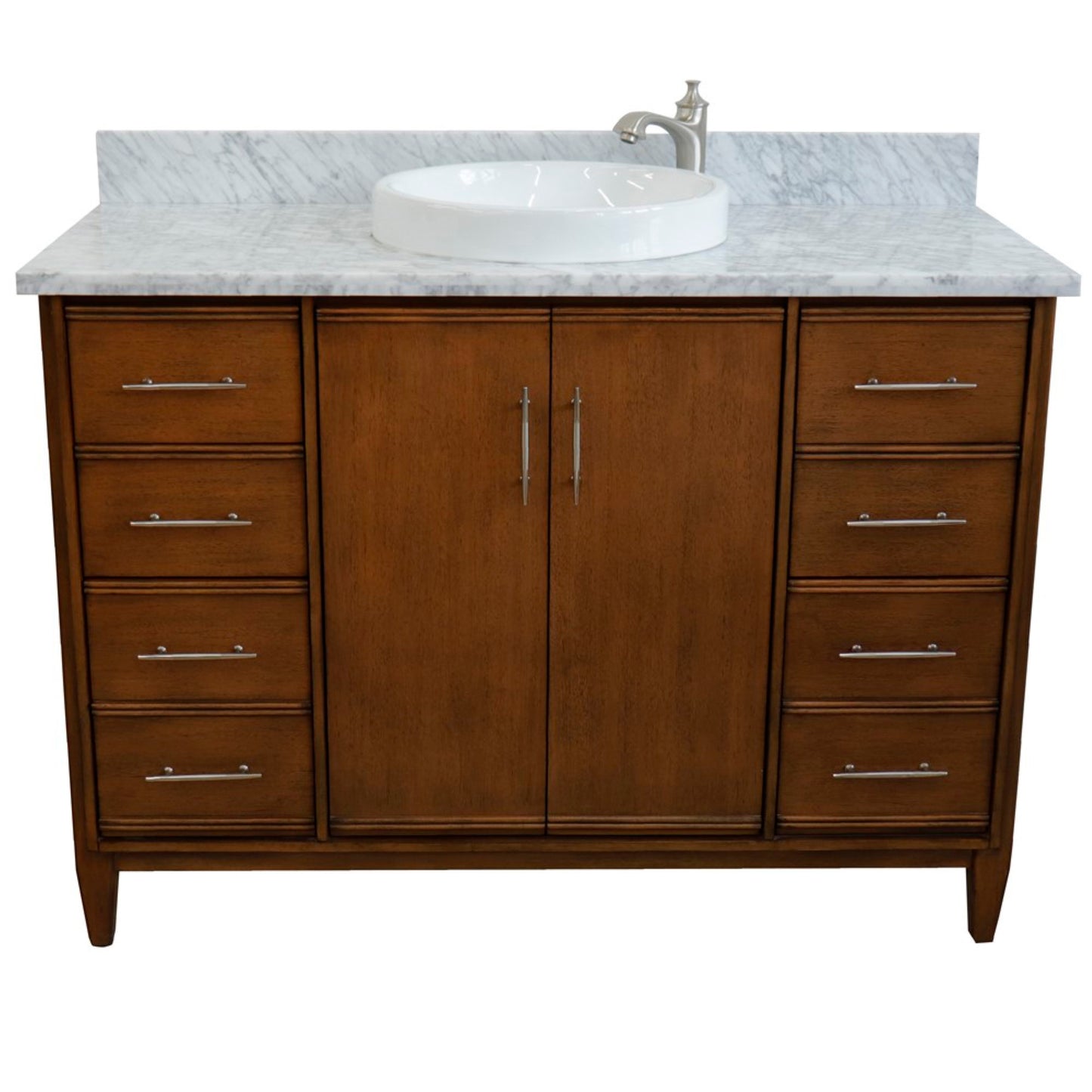 49" Single sink vanity in Walnut finish with White Carrara marble and round sink