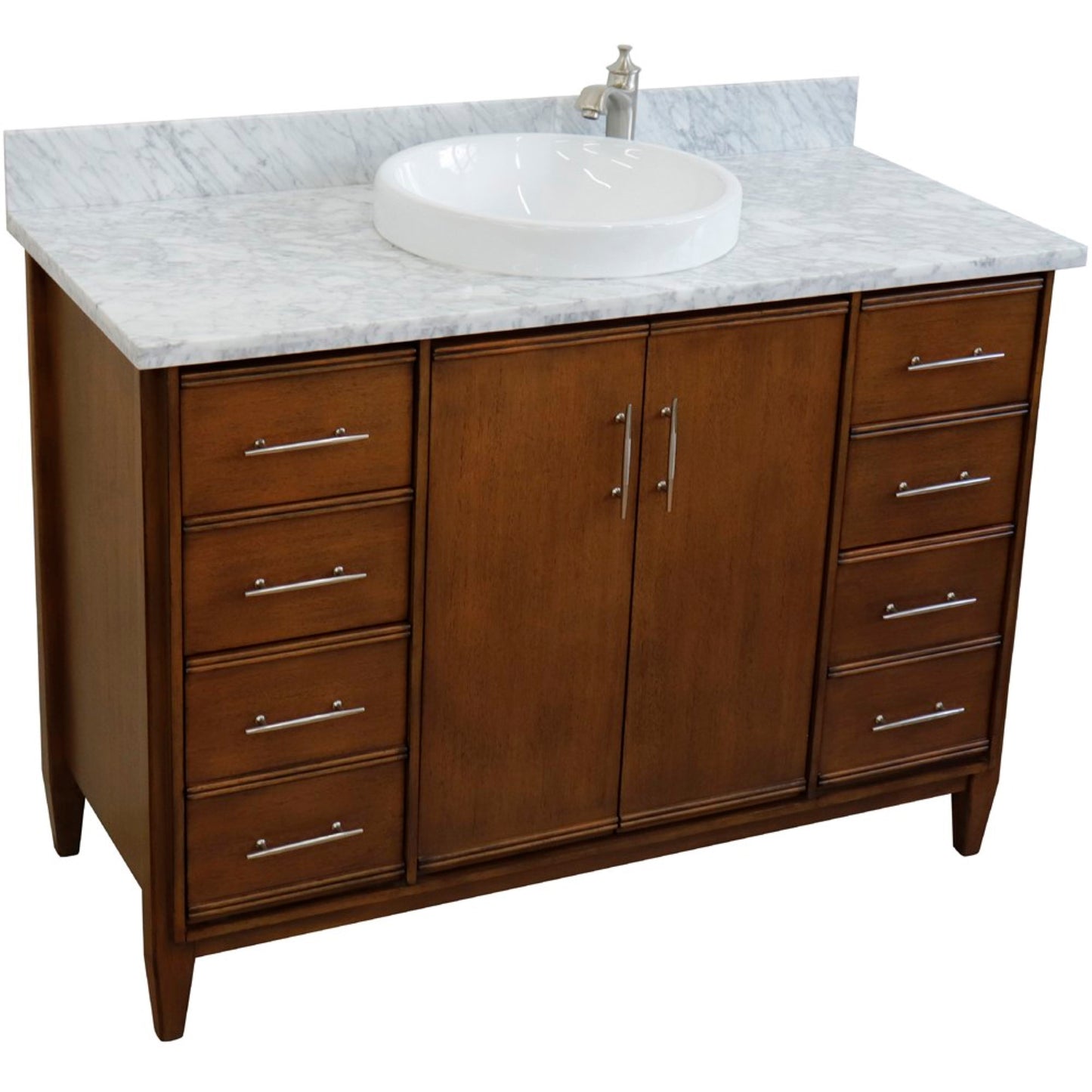 49" Single sink vanity in Walnut finish with White Carrara marble and round sink