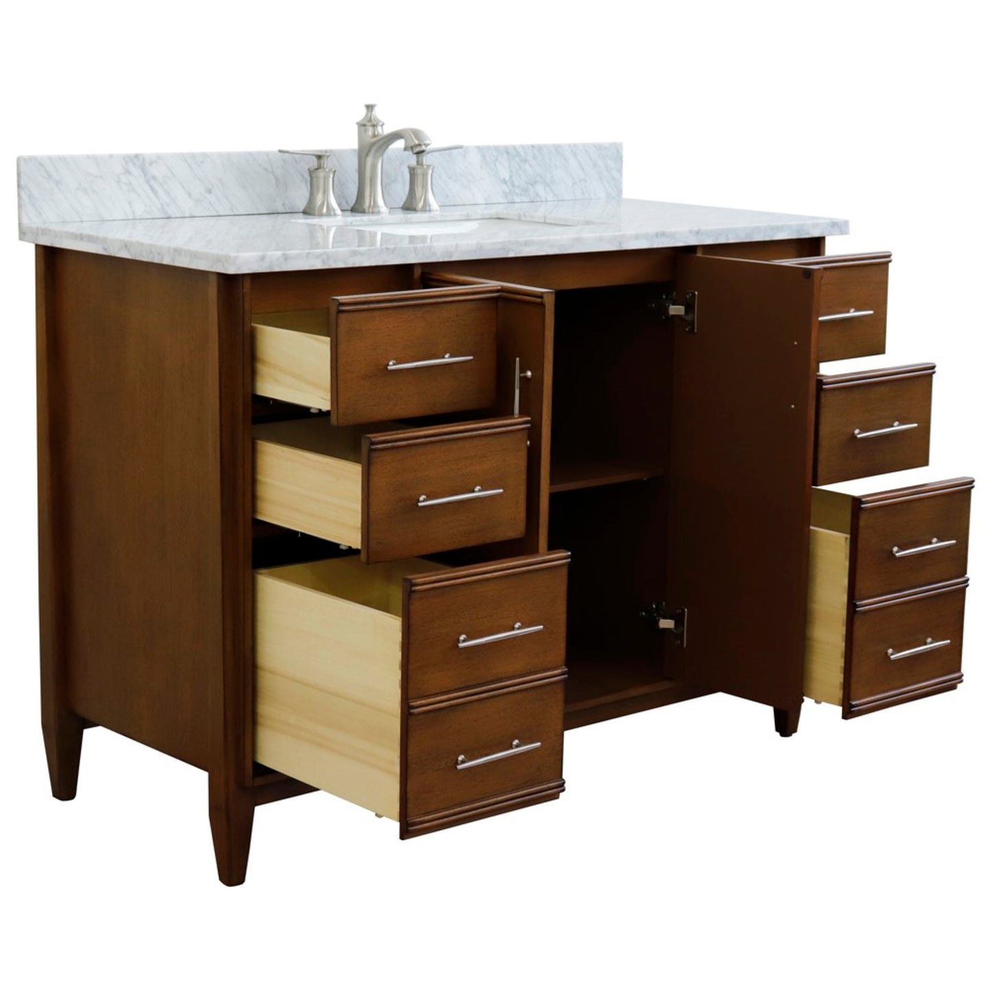 49" Single sink vanity in Walnut finish with White Carrara marble and rectangle sink