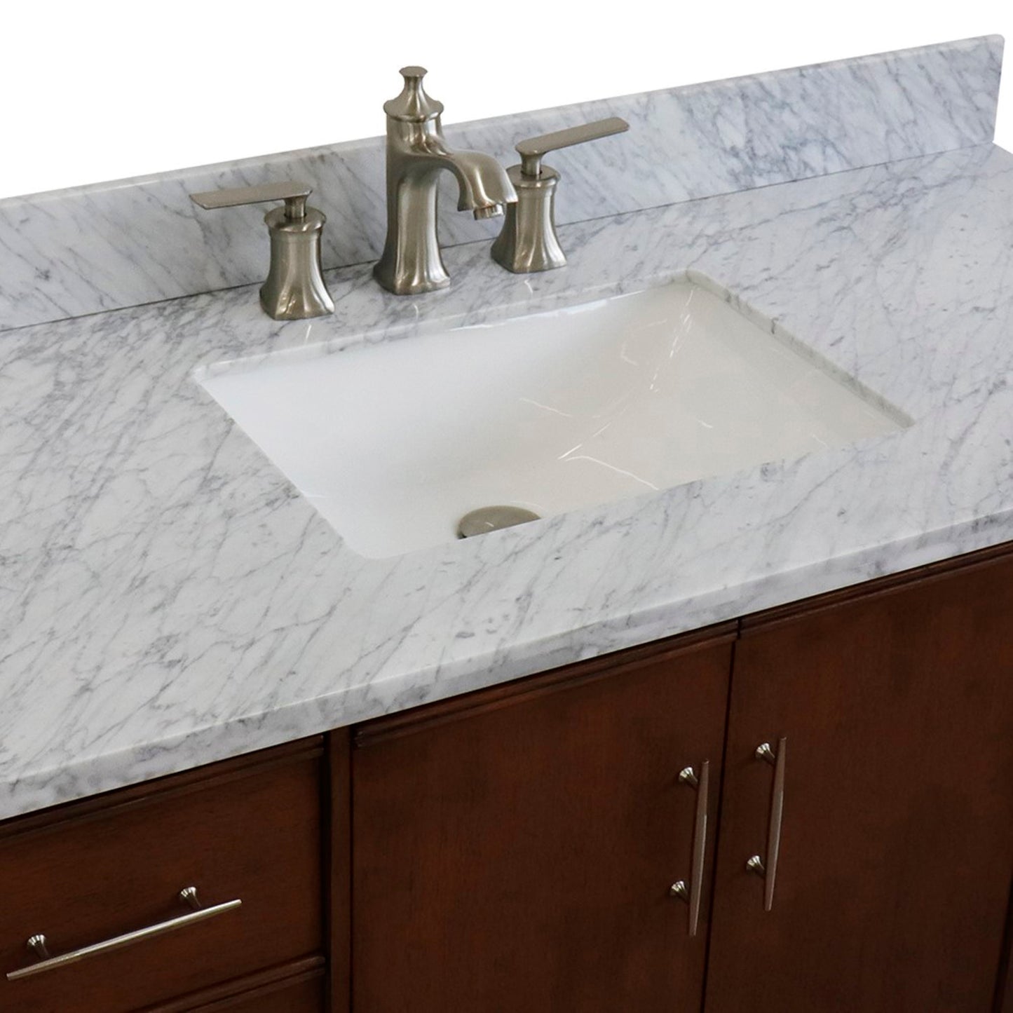 49" Single sink vanity in Walnut finish with White Carrara marble and rectangle sink