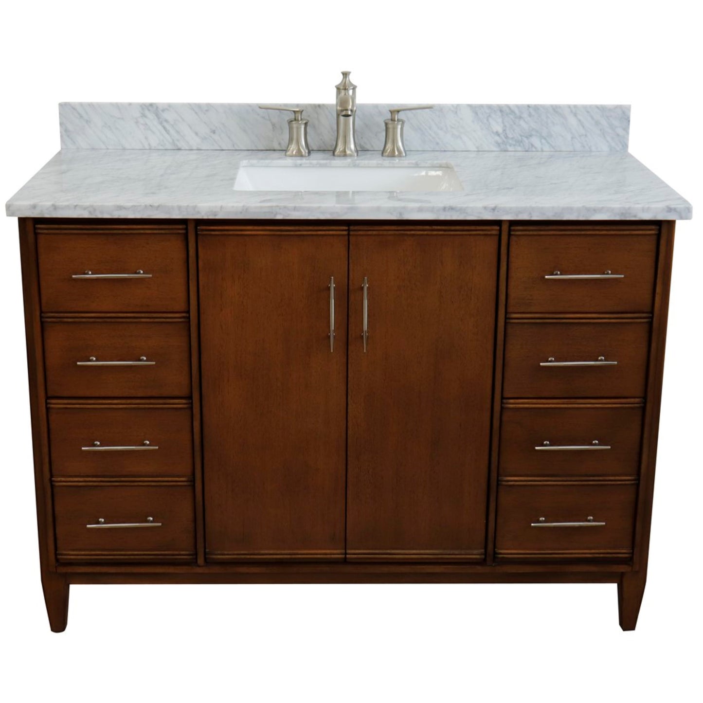 49" Single sink vanity in Walnut finish with White Carrara marble and rectangle sink