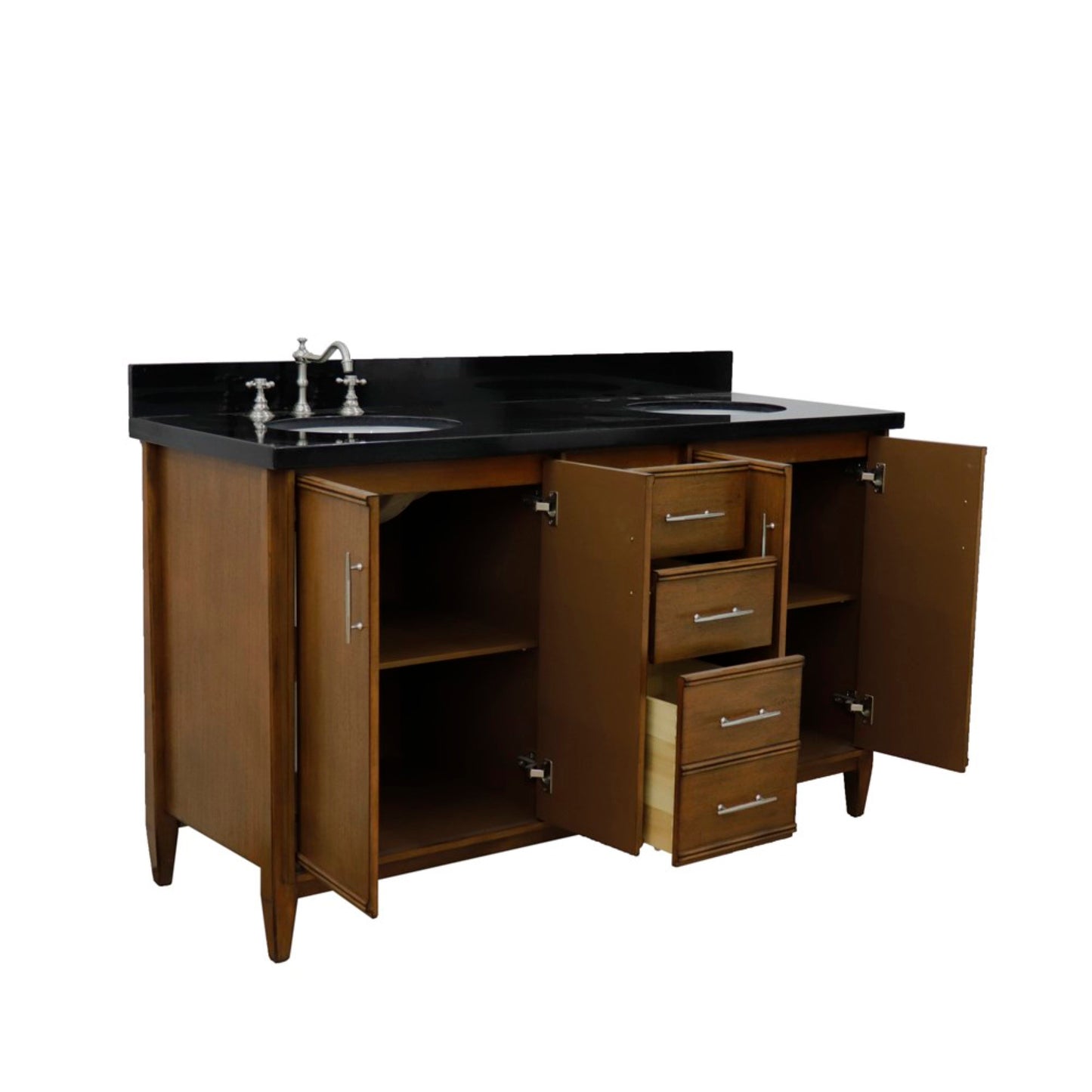 61" Double sink vanity in Walnut finish with Black galaxy granite and oval sink