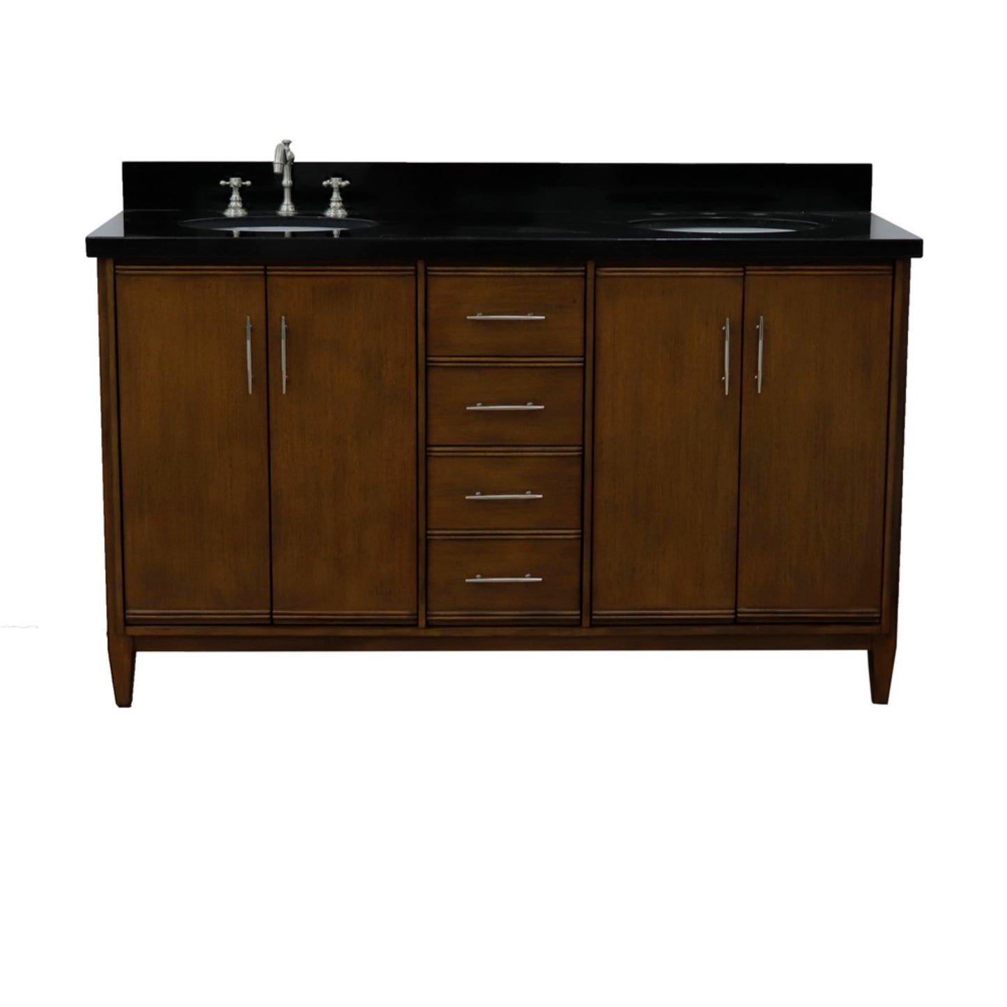 61" Double sink vanity in Walnut finish with Black galaxy granite and oval sink