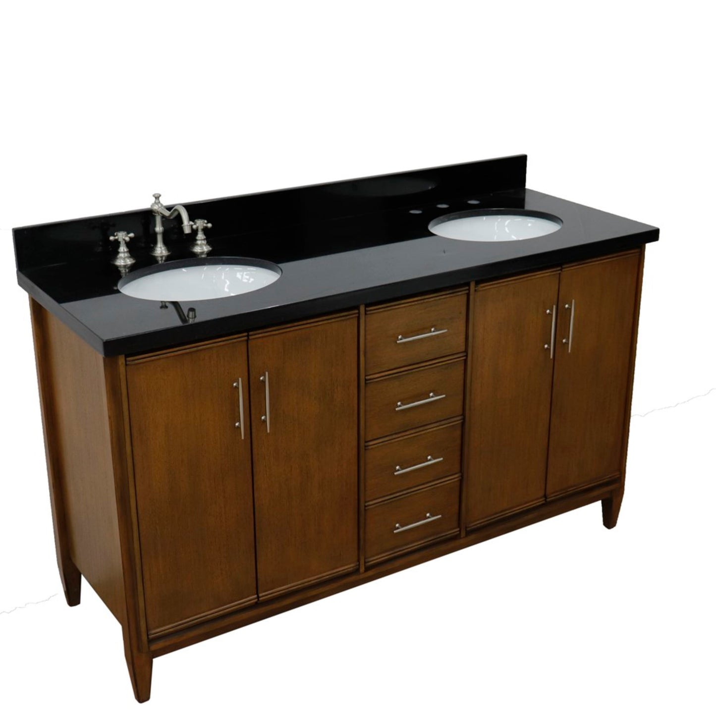 61" Double sink vanity in Walnut finish with Black galaxy granite and oval sink