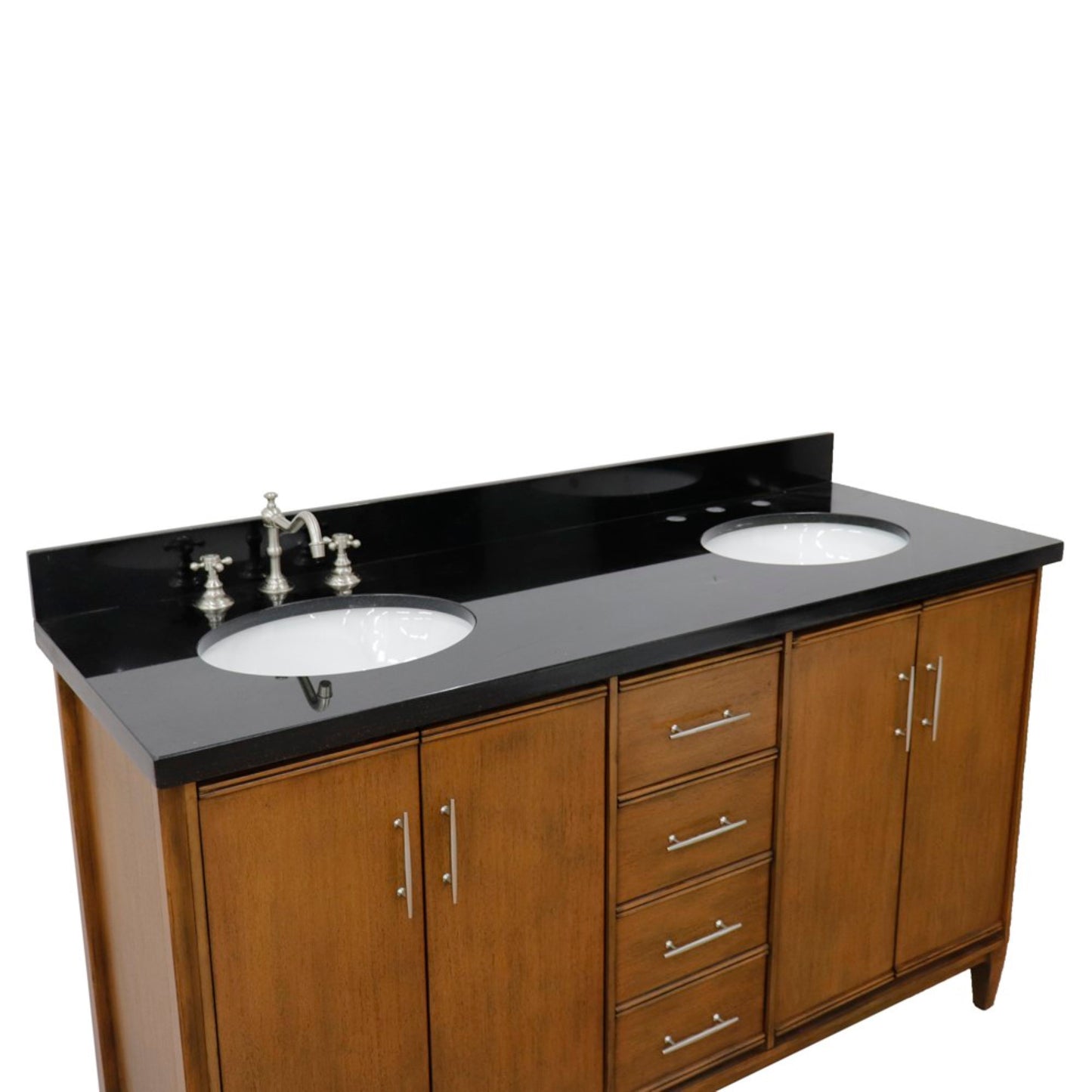 61" Double sink vanity in Walnut finish with Black galaxy granite and oval sink