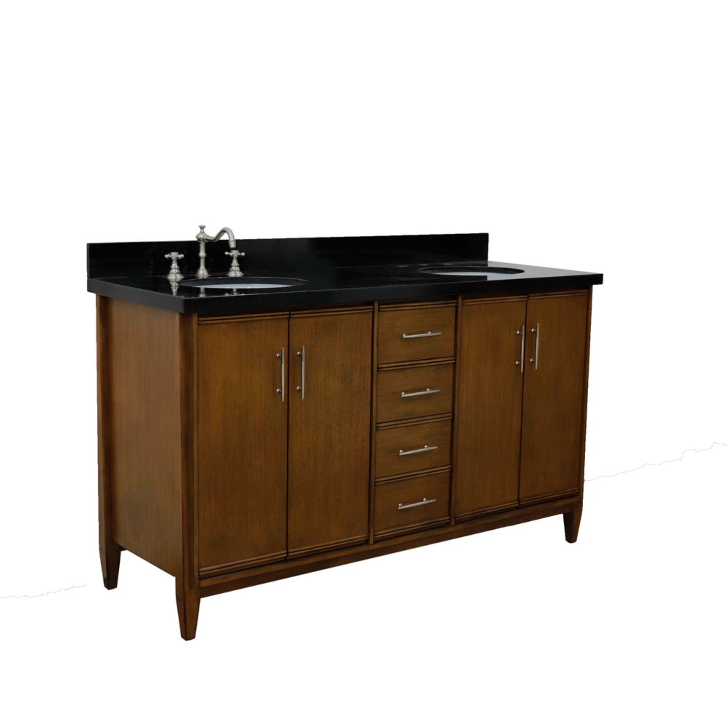 61" Double sink vanity in Walnut finish with Black galaxy granite and oval sink
