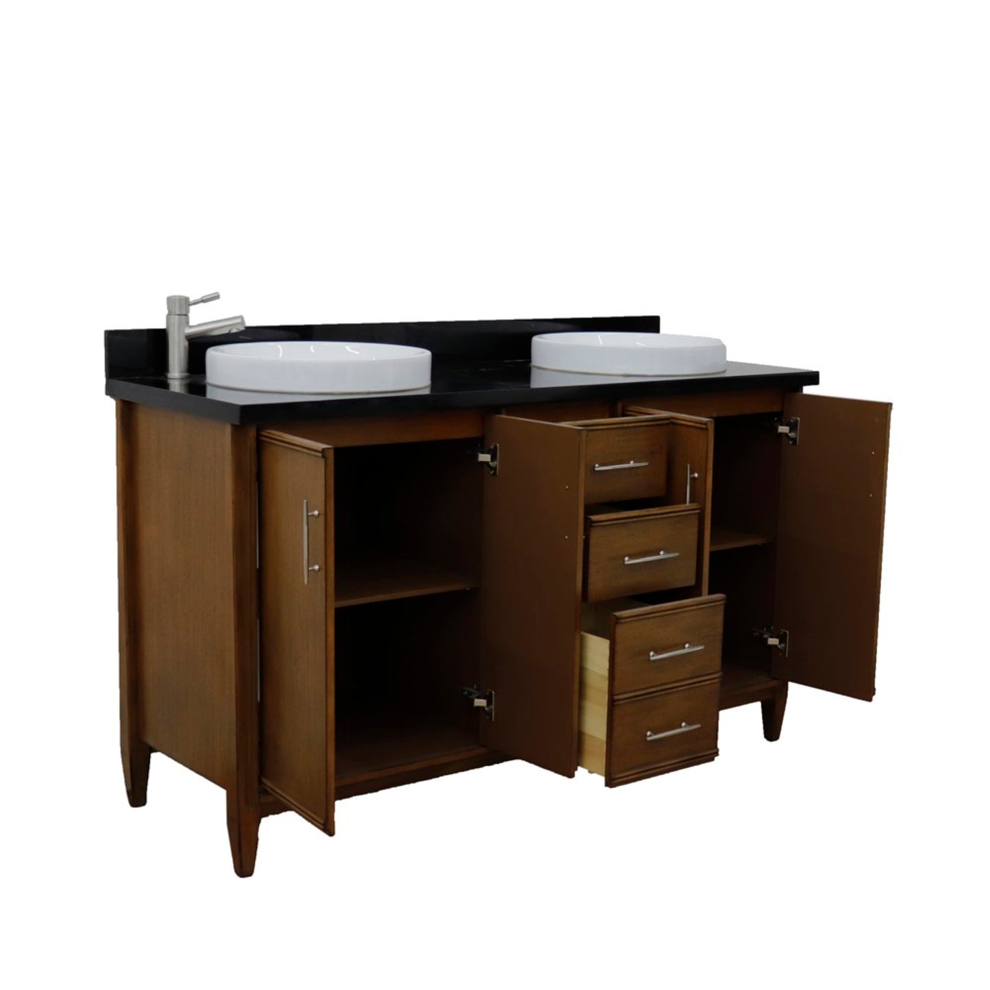61" Double sink vanity in Walnut finish with Black galaxy granite and round sink