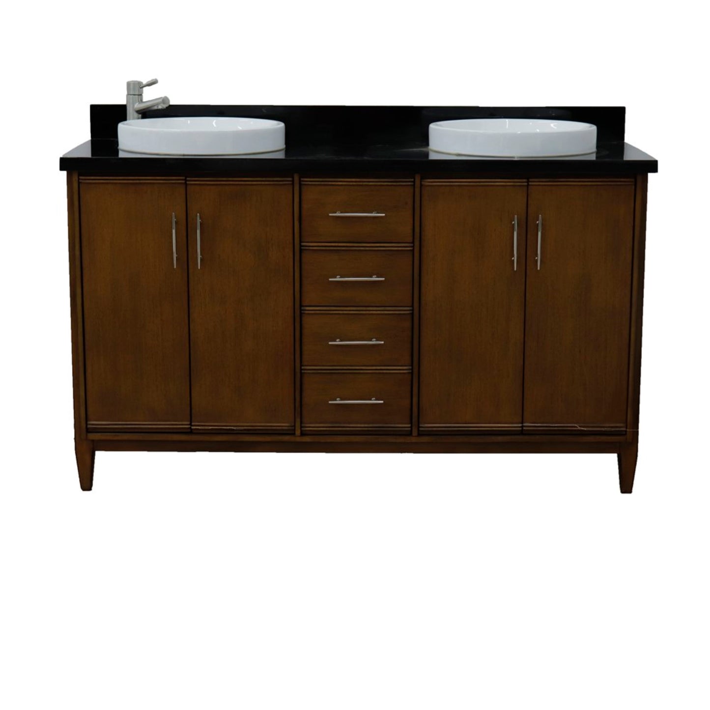 61" Double sink vanity in Walnut finish with Black galaxy granite and round sink