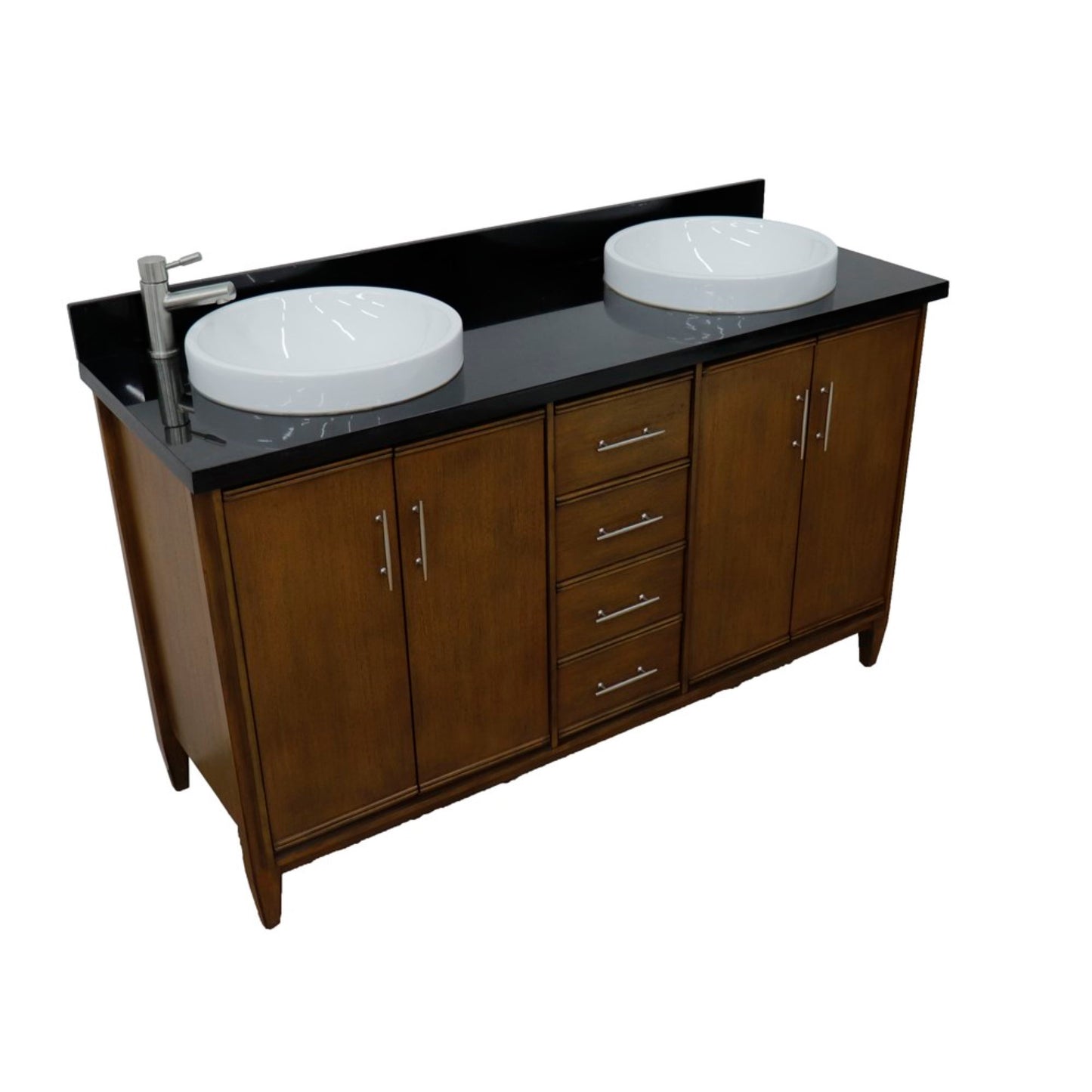61" Double sink vanity in Walnut finish with Black galaxy granite and round sink