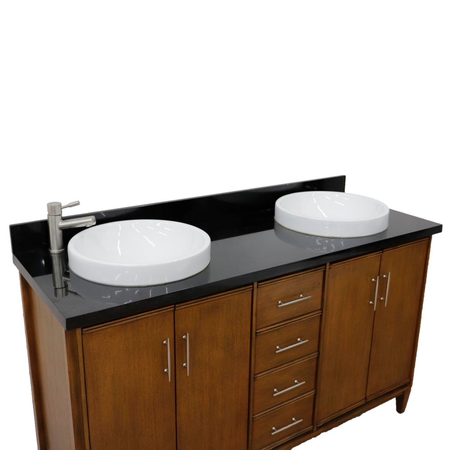 61" Double sink vanity in Walnut finish with Black galaxy granite and round sink