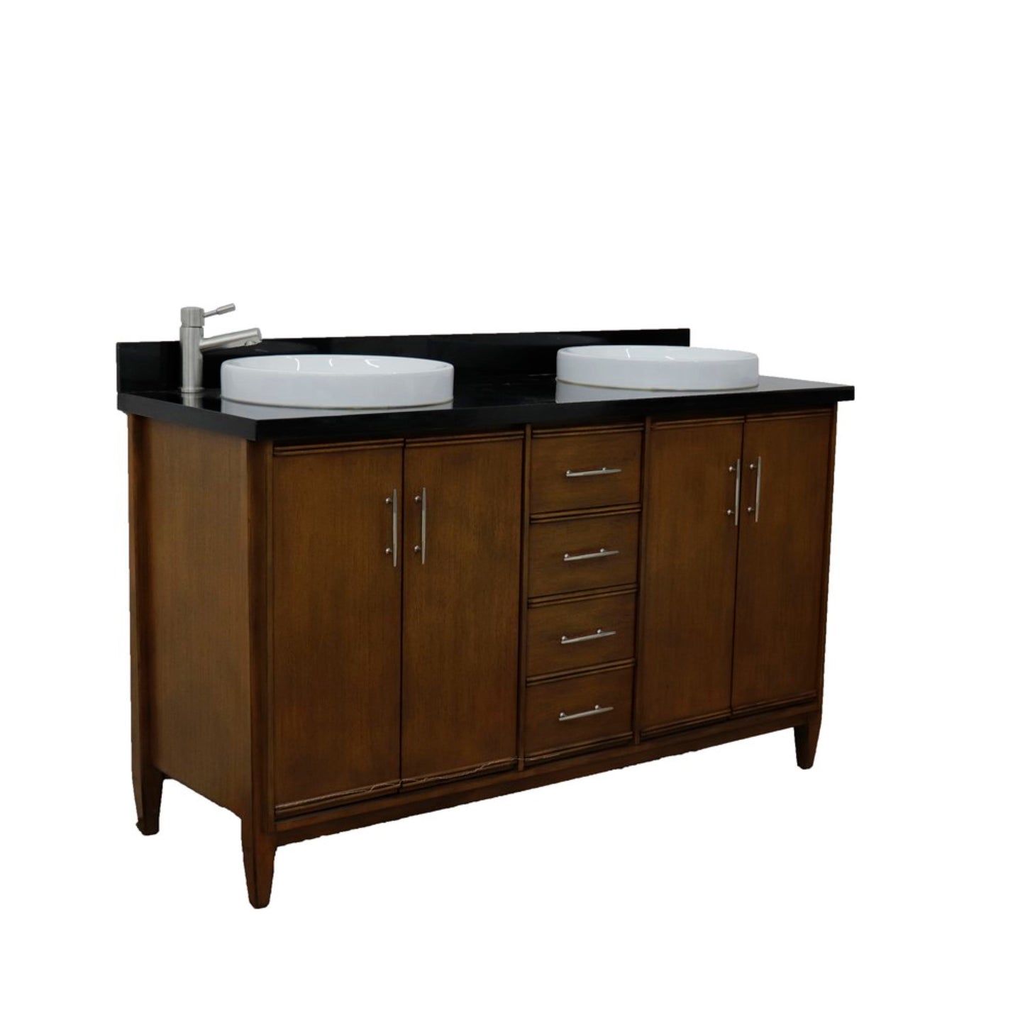 61" Double sink vanity in Walnut finish with Black galaxy granite and round sink