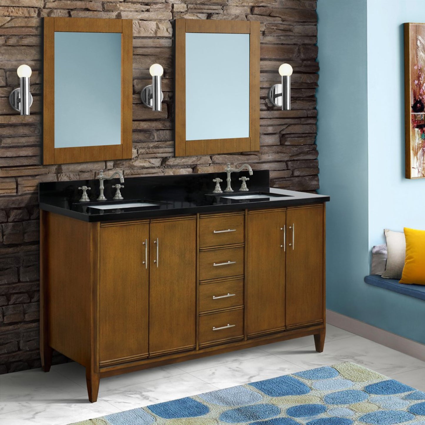61" Double sink vanity in Walnut finish with Black galaxy granite and rectangle sink