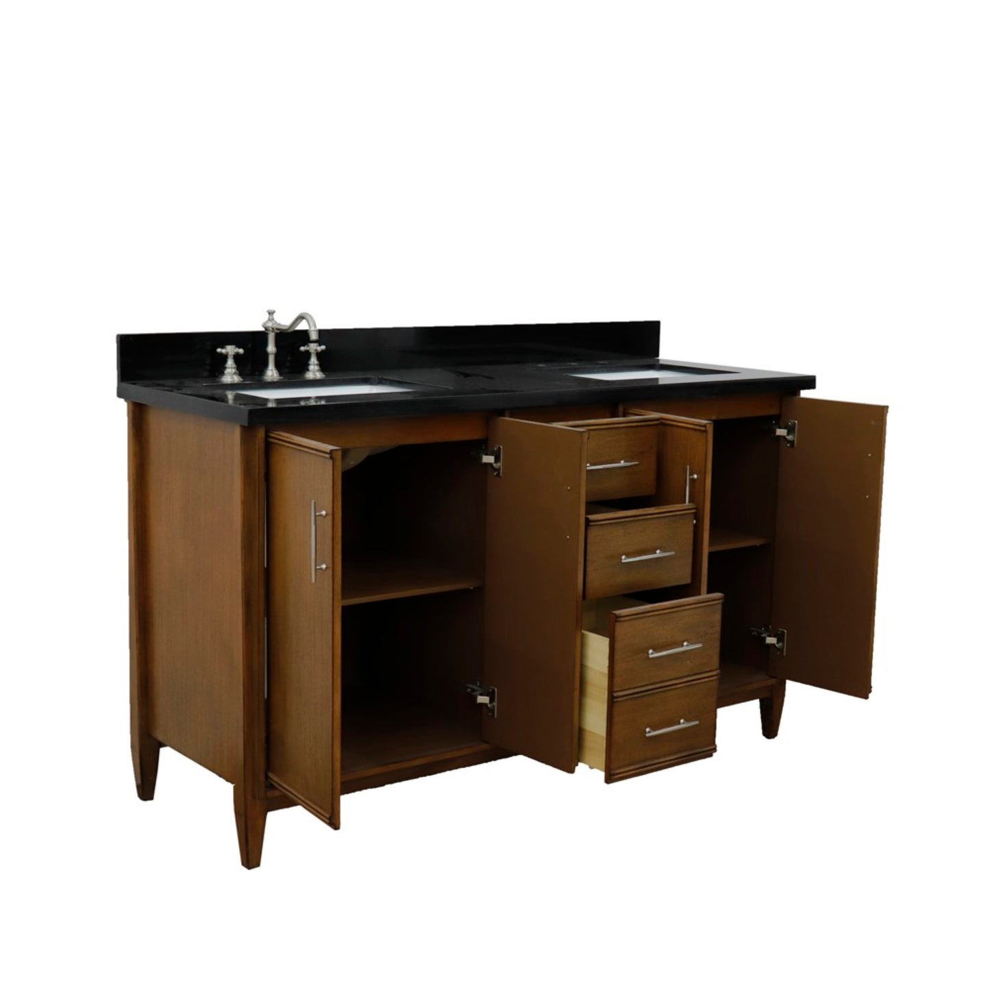 61" Double sink vanity in Walnut finish with Black galaxy granite and rectangle sink