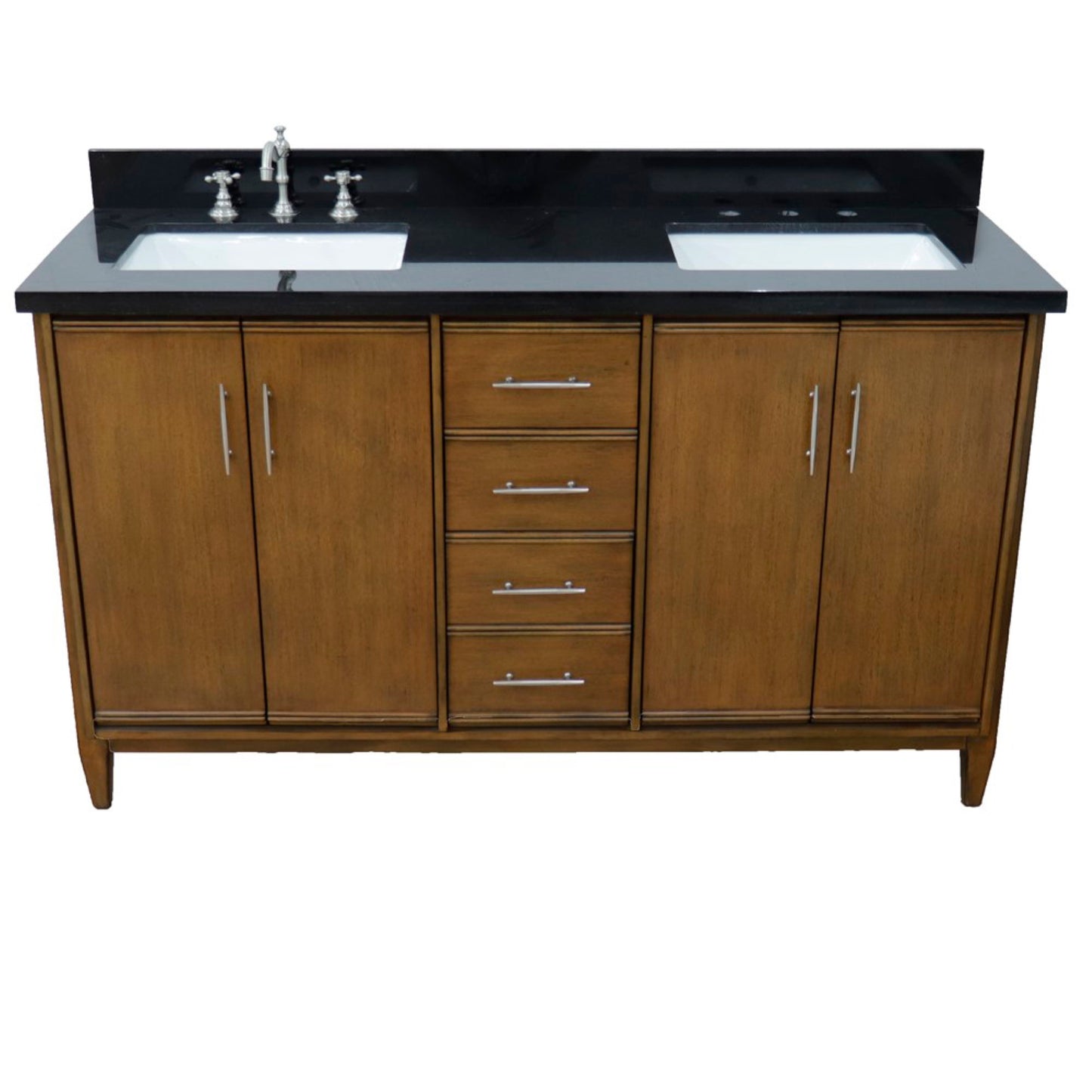 61" Double sink vanity in Walnut finish with Black galaxy granite and rectangle sink