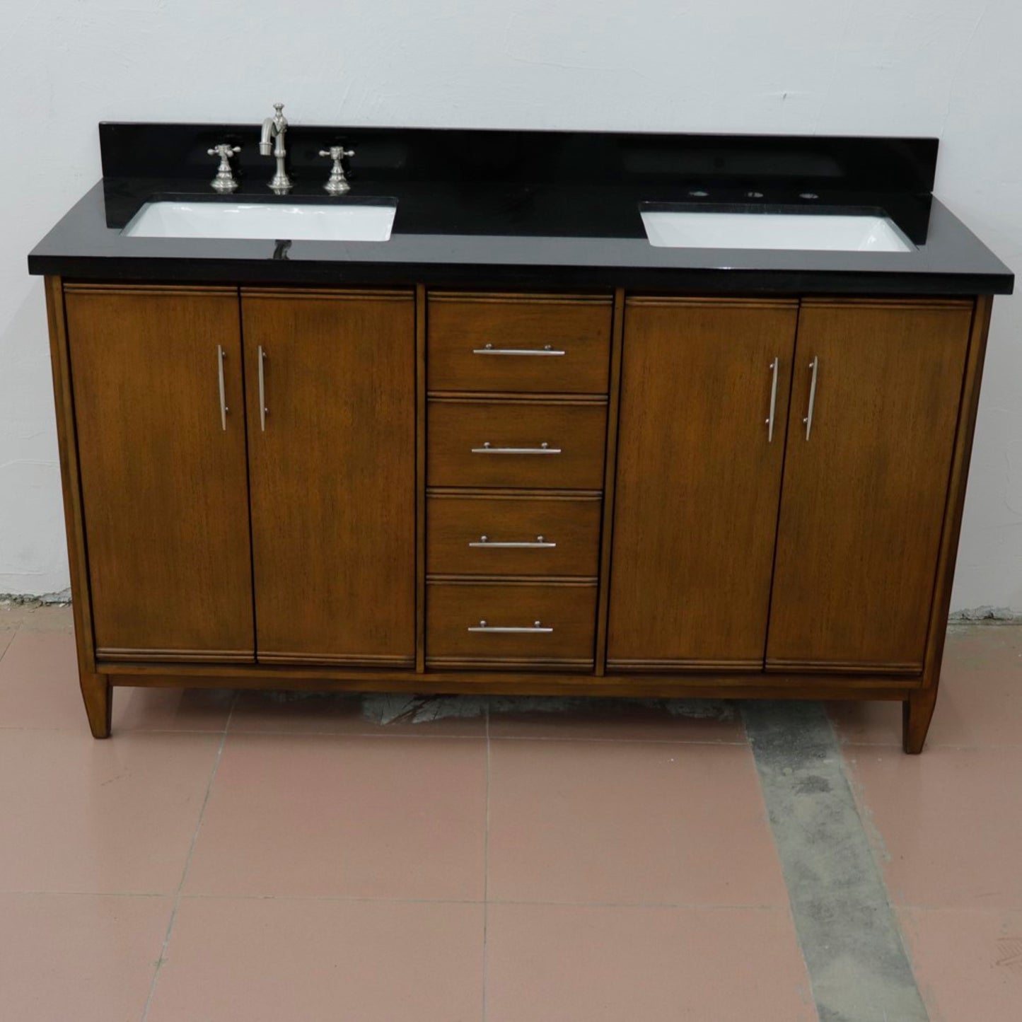 61" Double sink vanity in Walnut finish with Black galaxy granite and rectangle sink