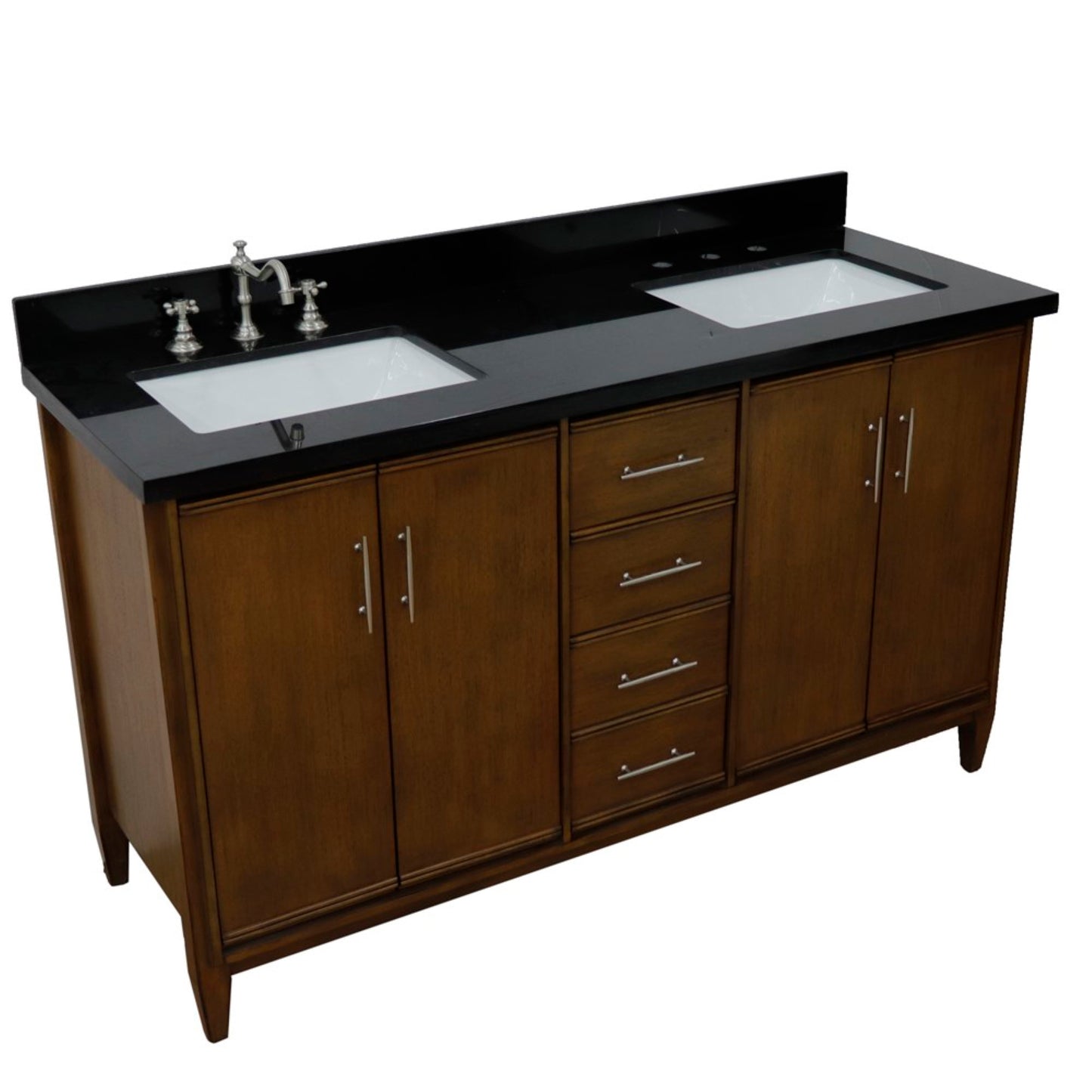 61" Double sink vanity in Walnut finish with Black galaxy granite and rectangle sink