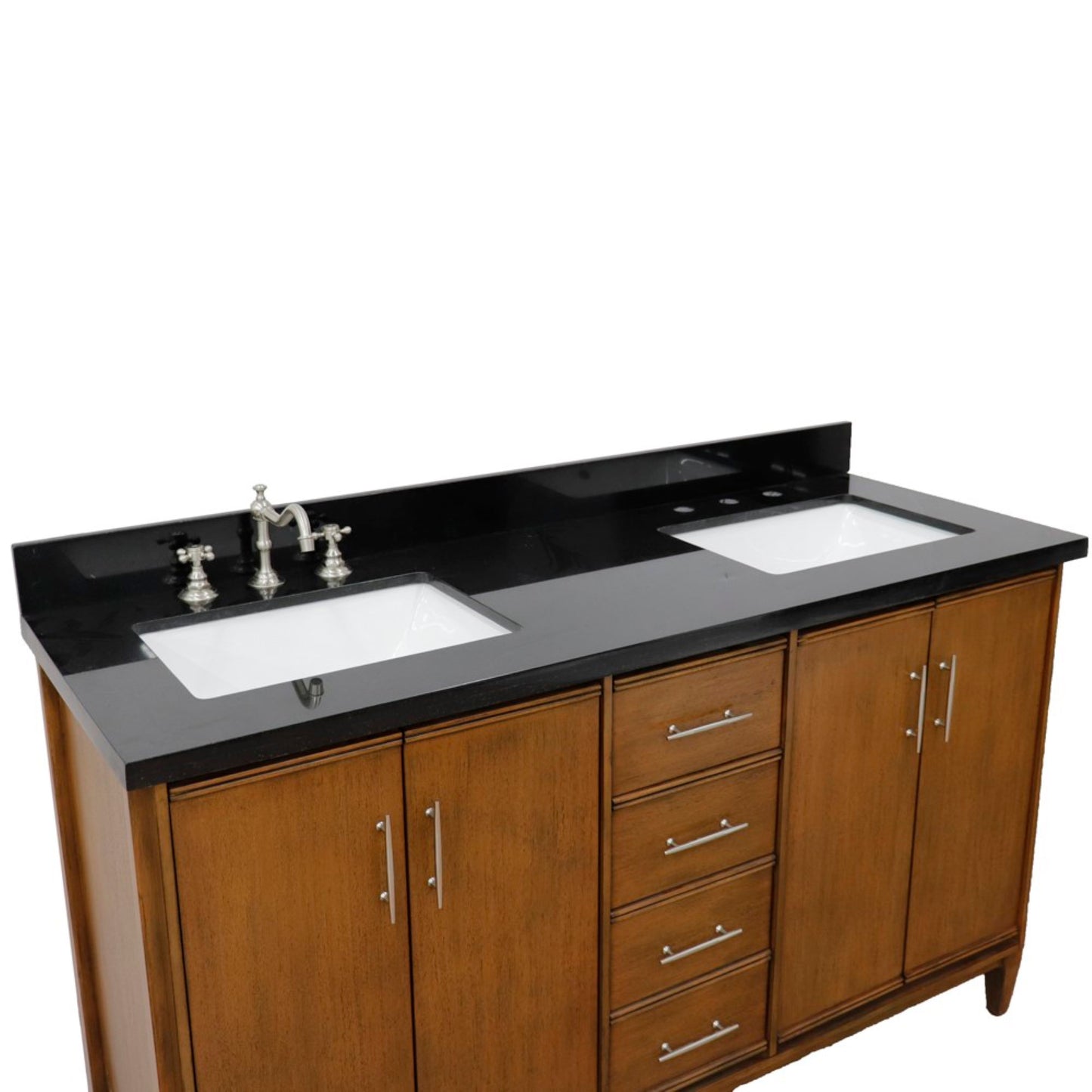 61" Double sink vanity in Walnut finish with Black galaxy granite and rectangle sink