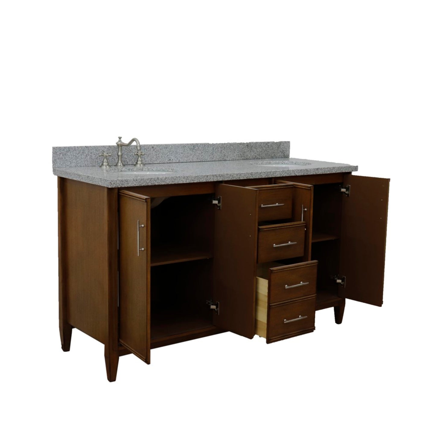 61" Double sink vanity in Walnut finish with Gray granite and oval sink