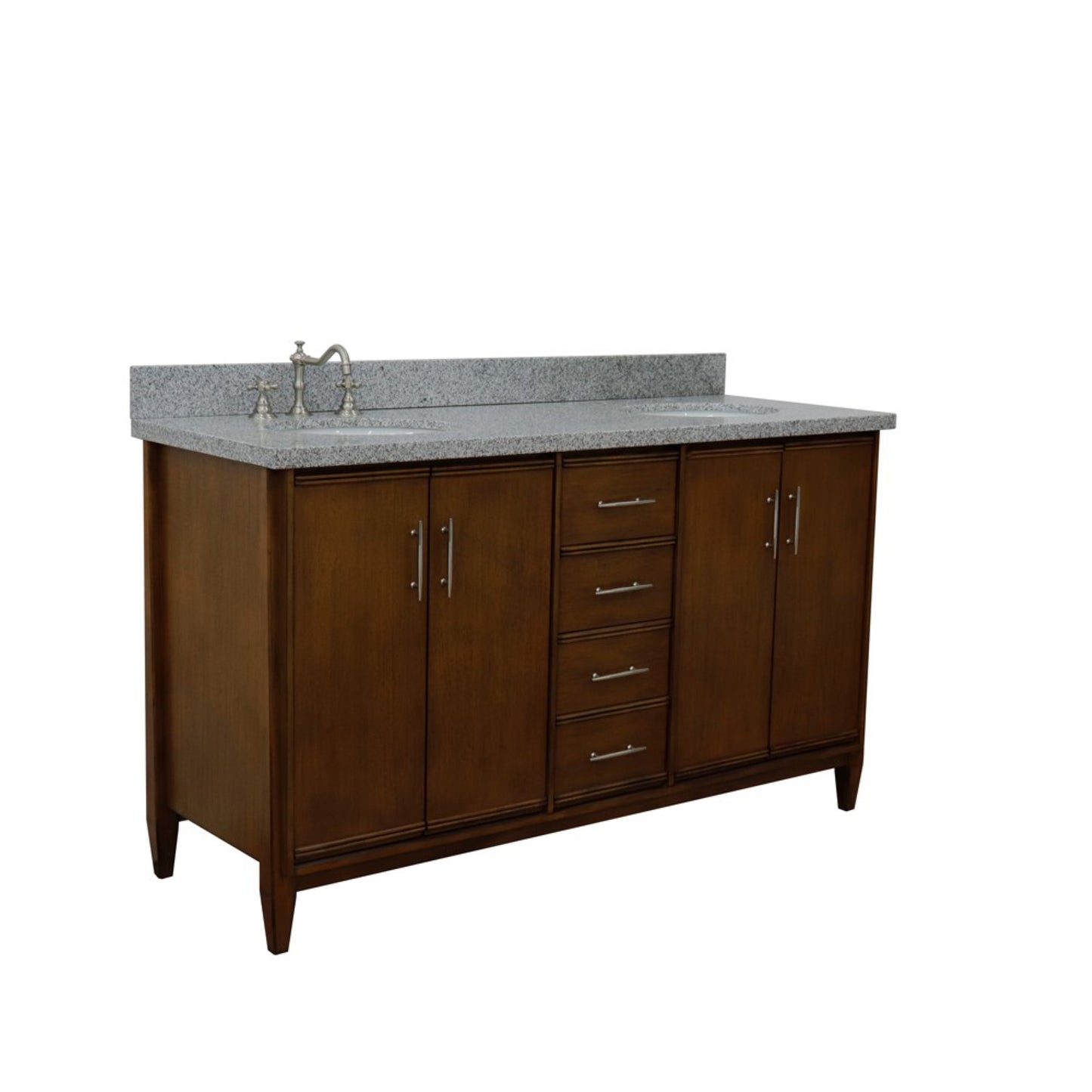 61" Double sink vanity in Walnut finish with Gray granite and oval sink