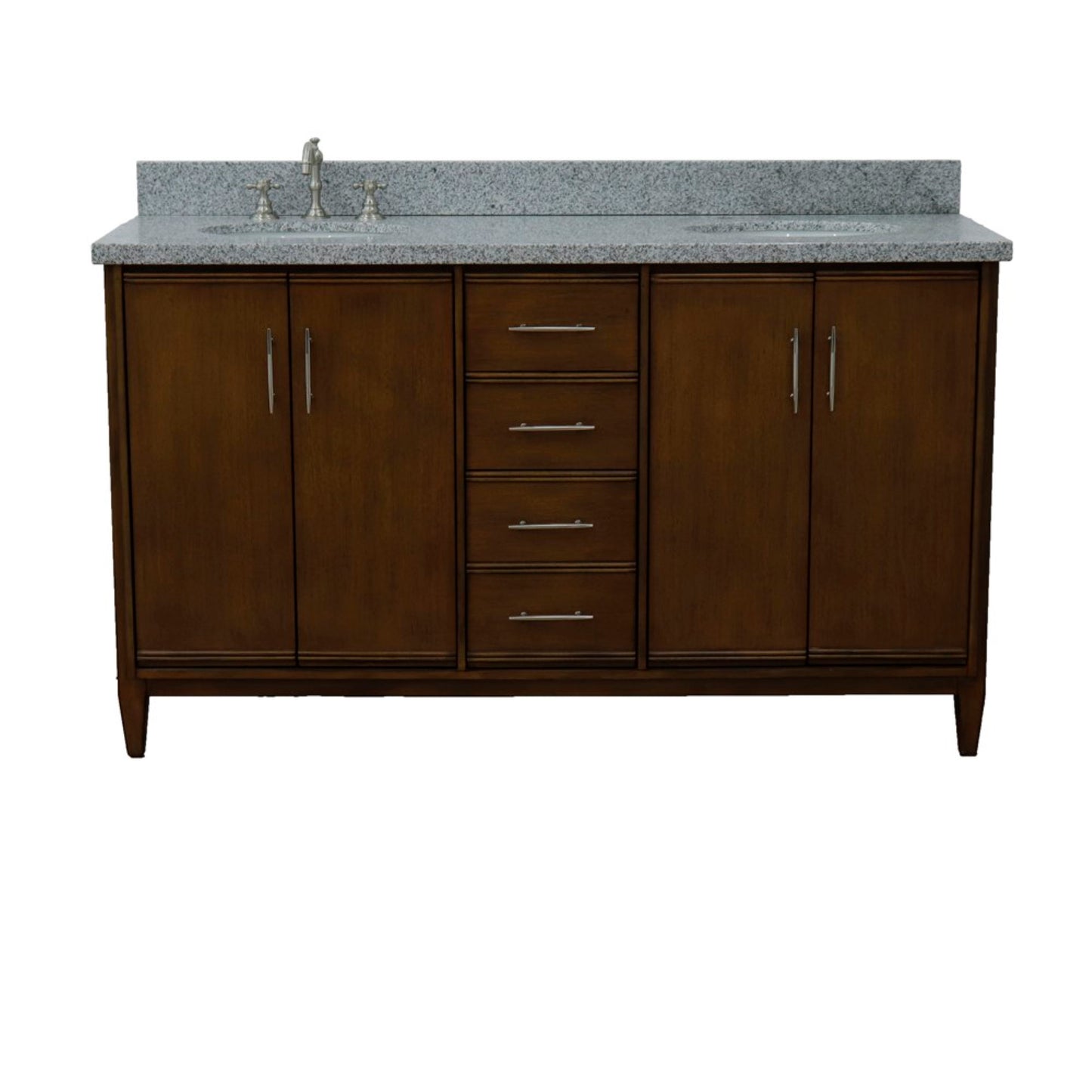 61" Double sink vanity in Walnut finish with Gray granite and oval sink