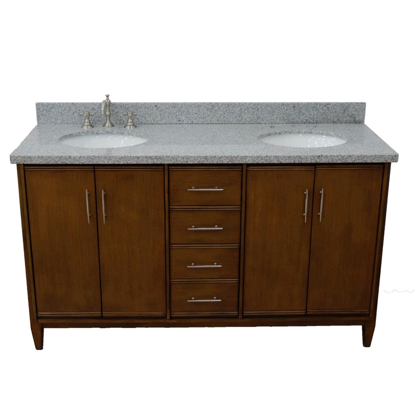 61" Double sink vanity in Walnut finish with Gray granite and oval sink