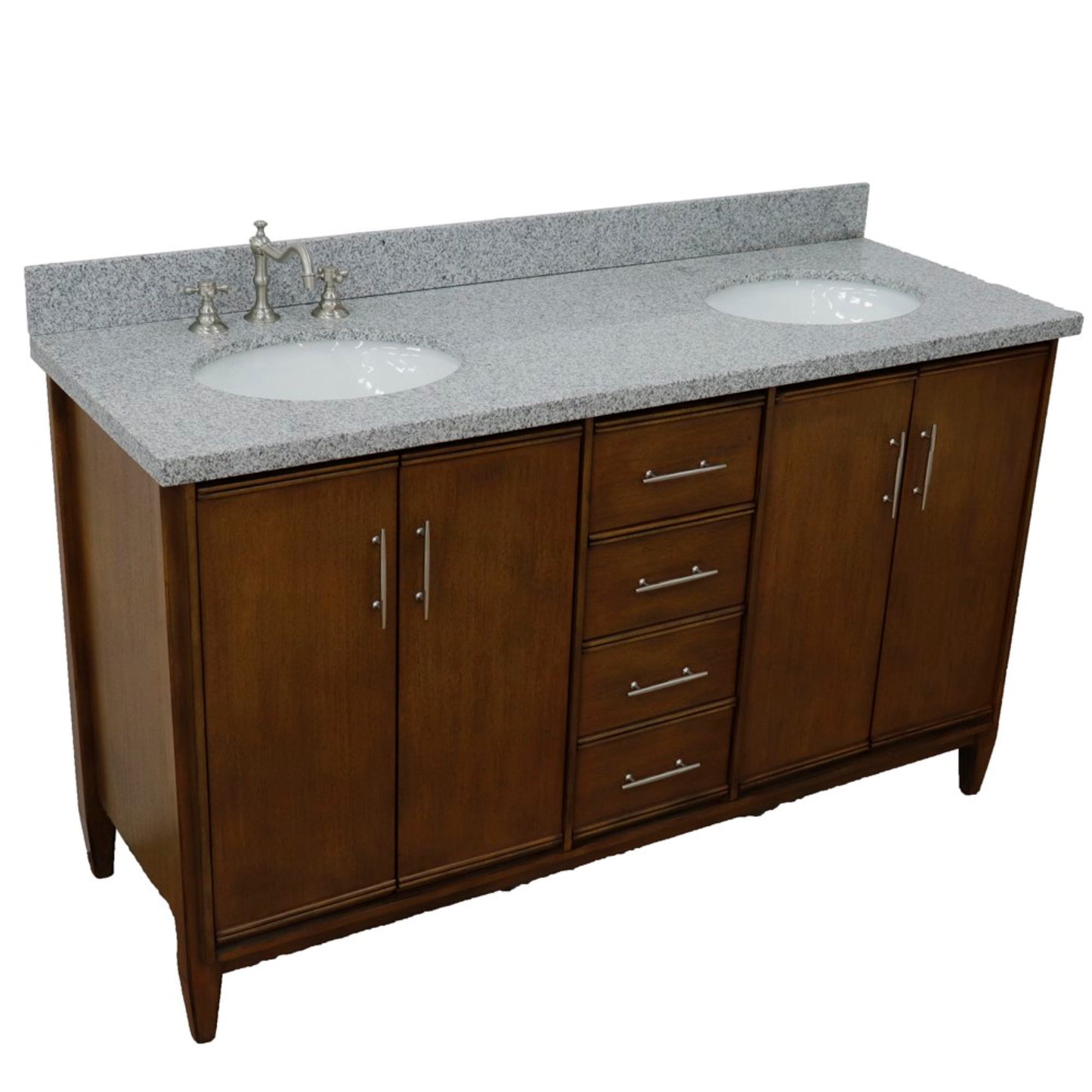 61" Double sink vanity in Walnut finish with Gray granite and oval sink