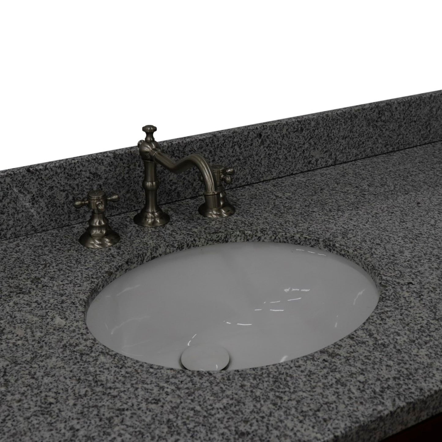 61" Double sink vanity in Walnut finish with Gray granite and oval sink